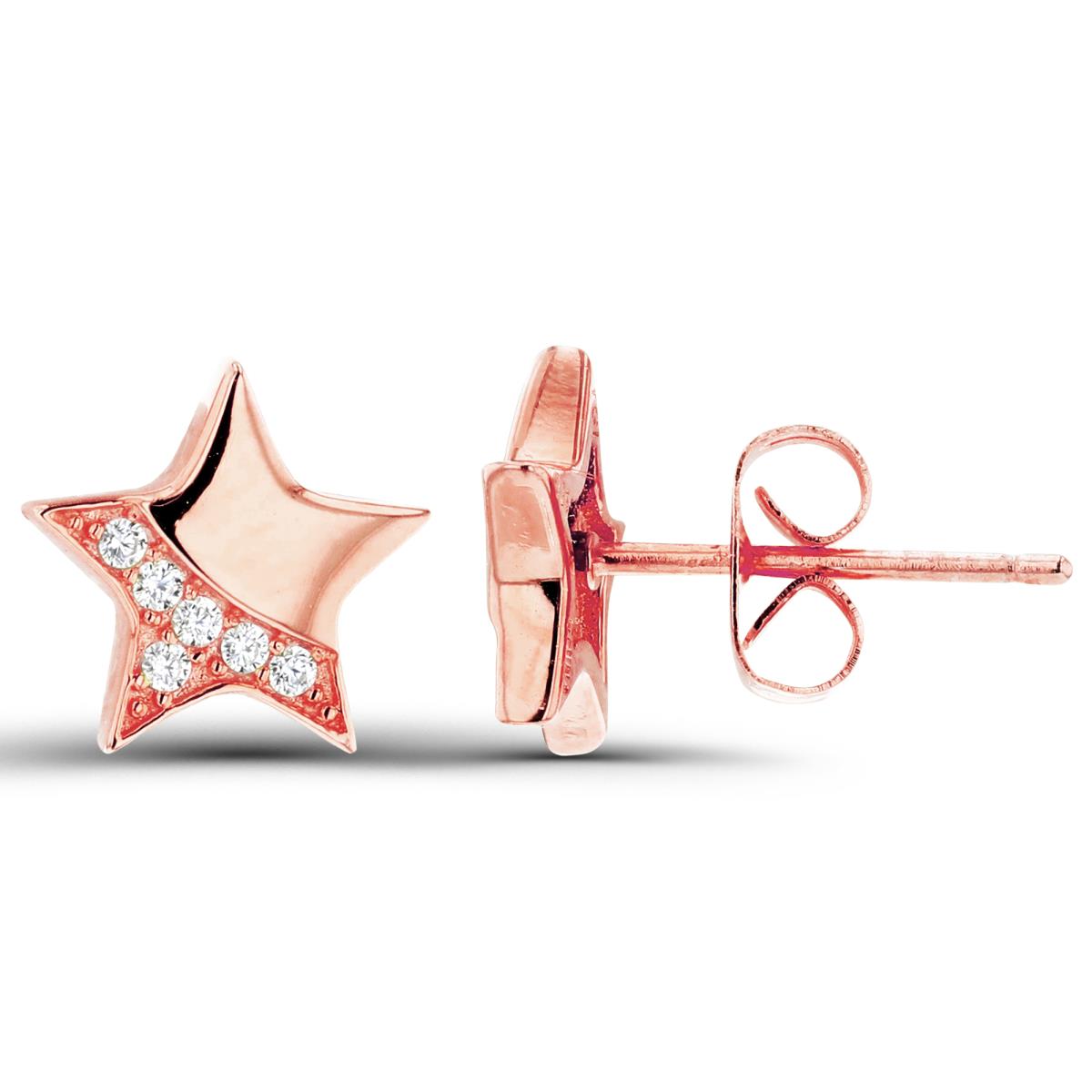 Sterling Silver+1Micron Rose Gold Rnd White CZ & Half  High Polish Star Studs
