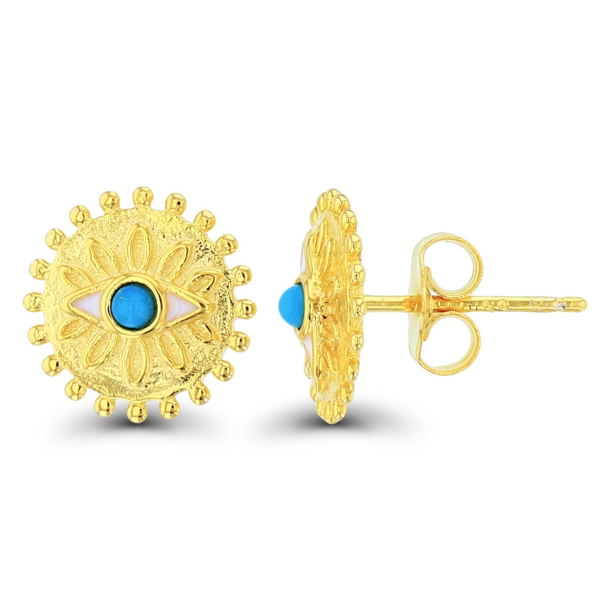 Sterling Silver+1Micron Yellow Gold 2mm Rnd Nano Turquoise/White Enamel Evil Eye on Textured Circle Studs