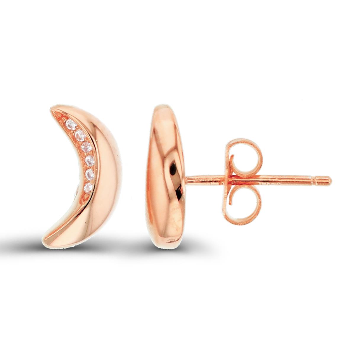 Sterling Silver+1Micron Rose Gold Rnd White CZ & Half High Polish Moon Studs