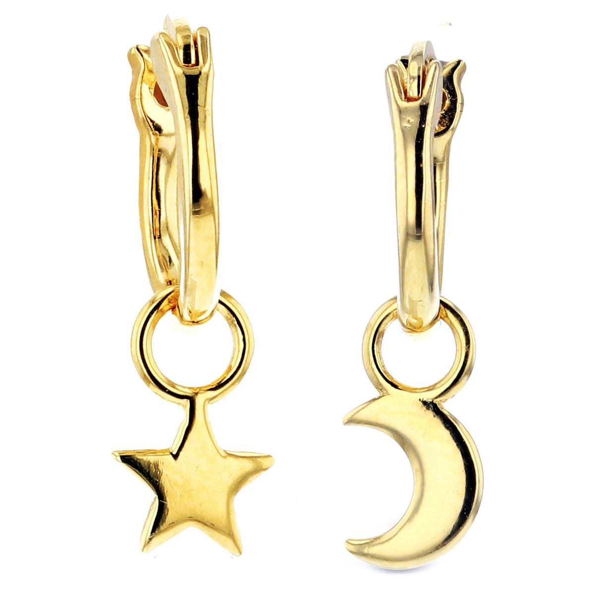 Sterling Silver+1Micron Yellow Gold High Polish Moon & Star Charms Dangling on 11.5x1.4mm Huggie Earrings