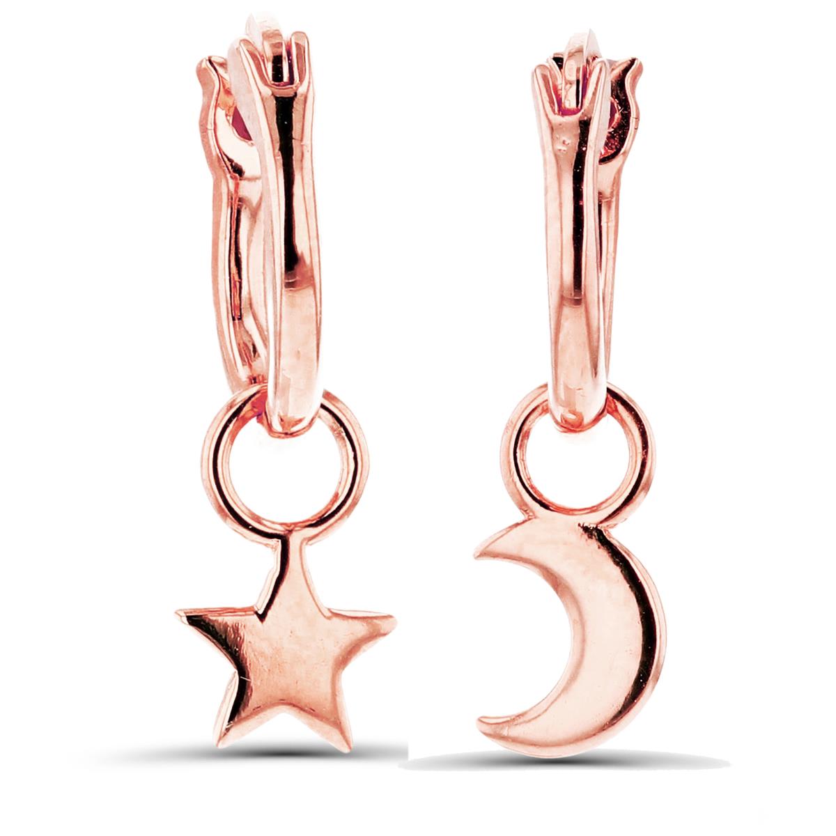 Sterling Silver+1Micron Rose Gold High Polish Moon & Star Charms Dangling on 11.5x1.4mm Huggie Earrings