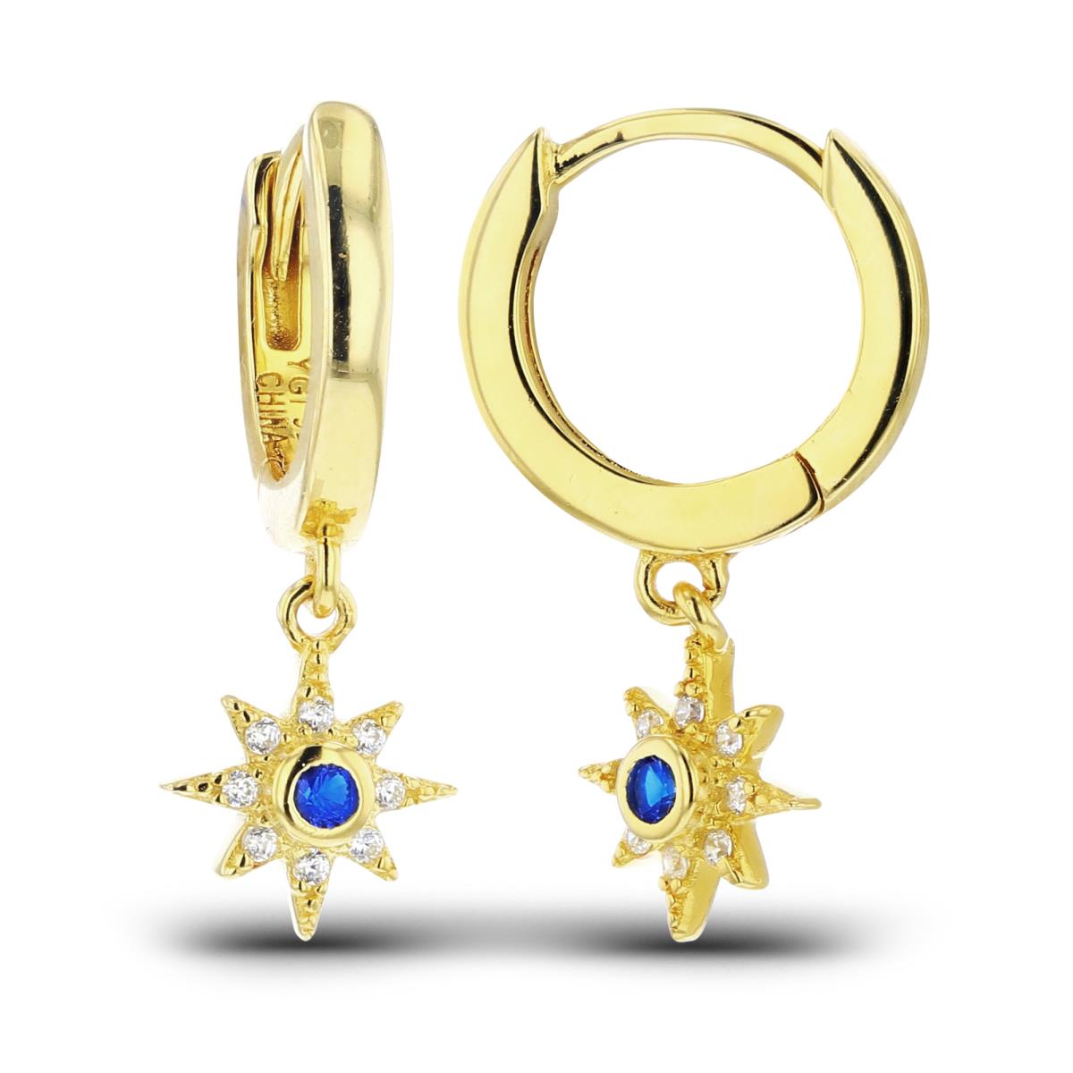 Sterling Silver+1Micron Yellow Gold Rnd #113 Blue Spinel Bezel & White CZ Star Dangling on 12x2mm Huggie Earrings