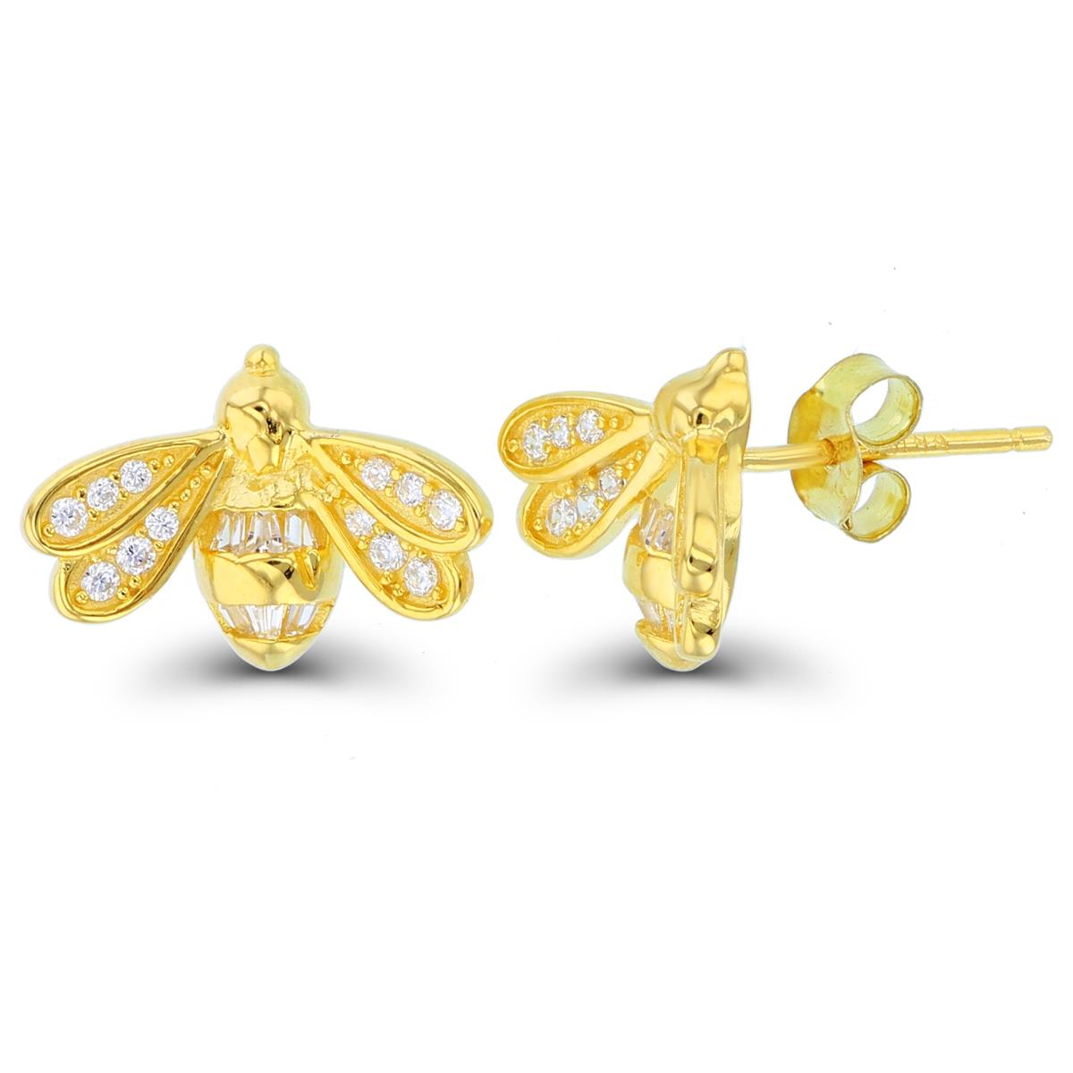 Sterling Silver+1Micron Yellow Gold TB & Rnd White CZ Bee Studs