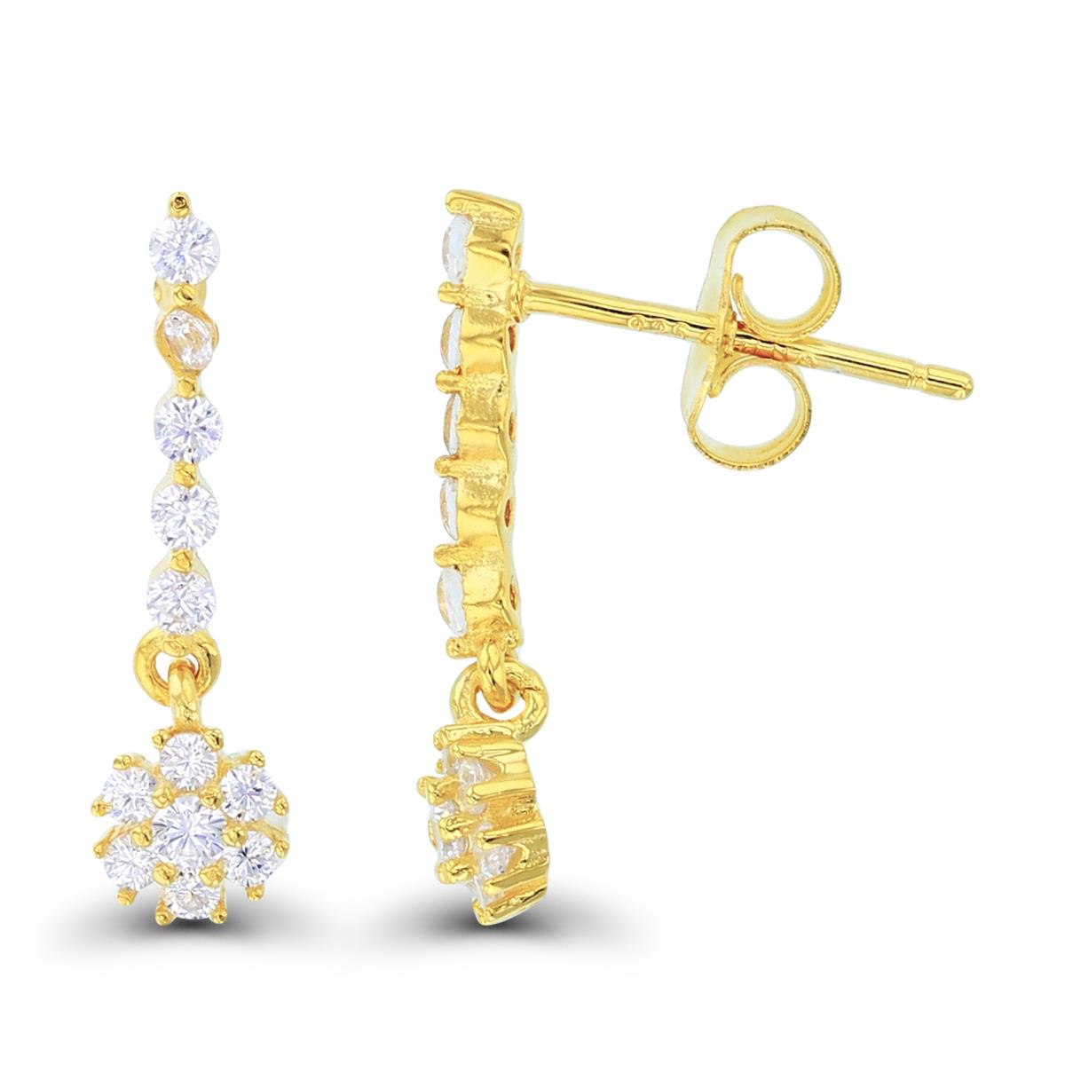 Sterling Silver+1Micron Yellow Gold Rnd White CZ Flower Dangling Earrings