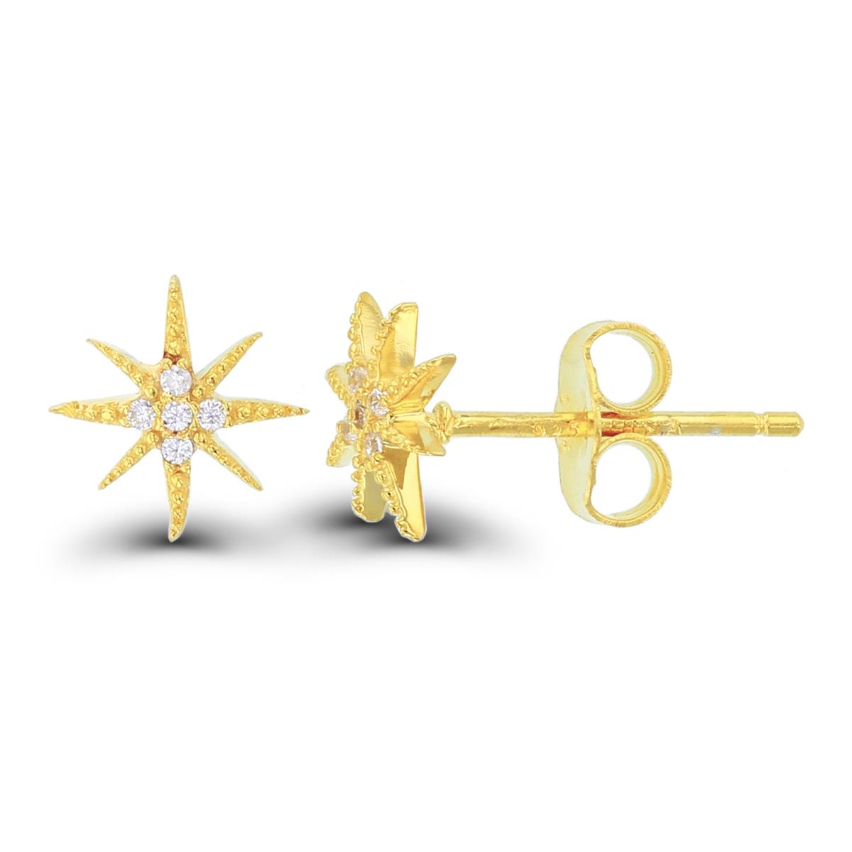 Sterling Silver+1Micron Yellow Gold Beaded Rnd White CZ Star Studs