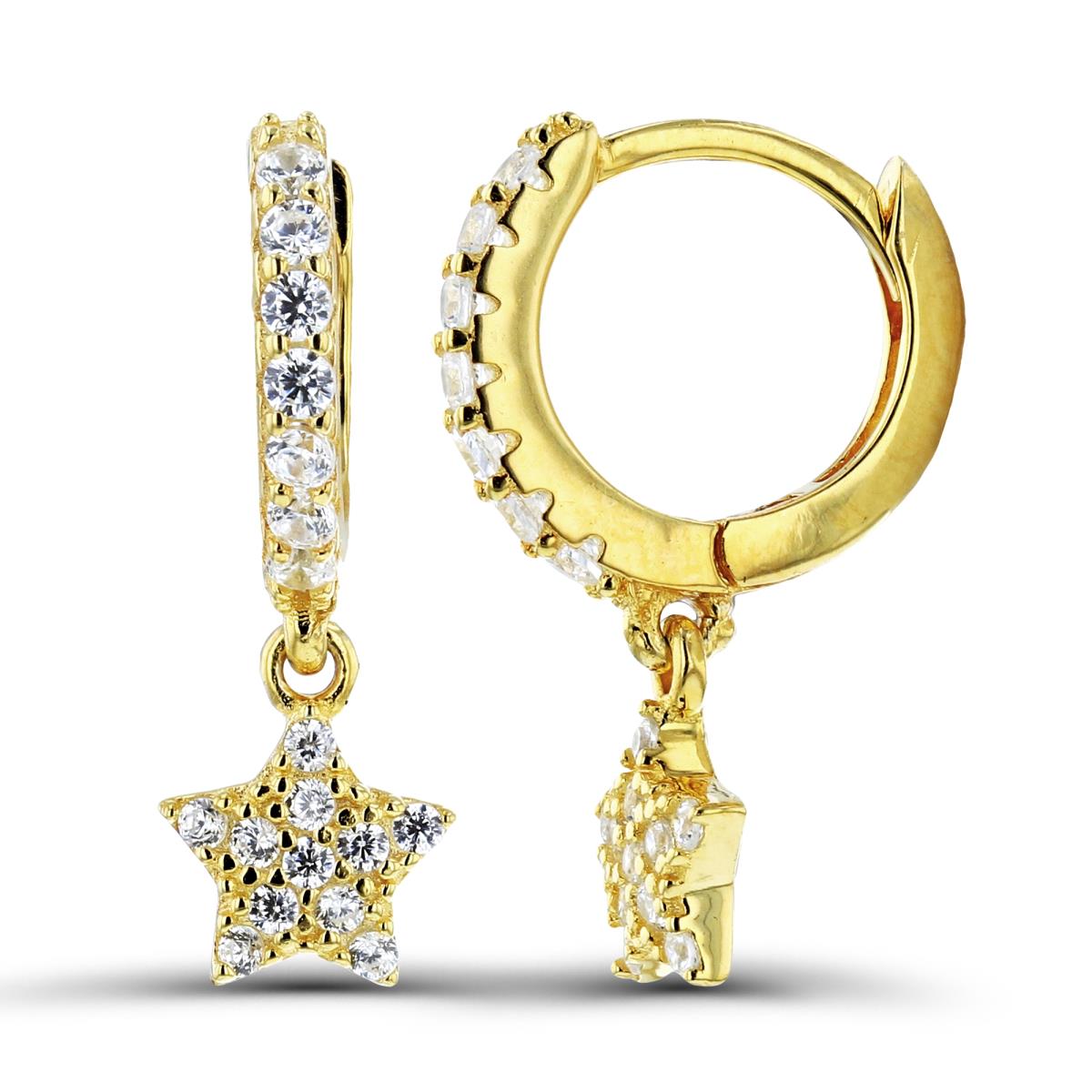Sterling Silver+1Micron Yellow Gold Rnd White CZ Star Dangling on Huggie Earrings