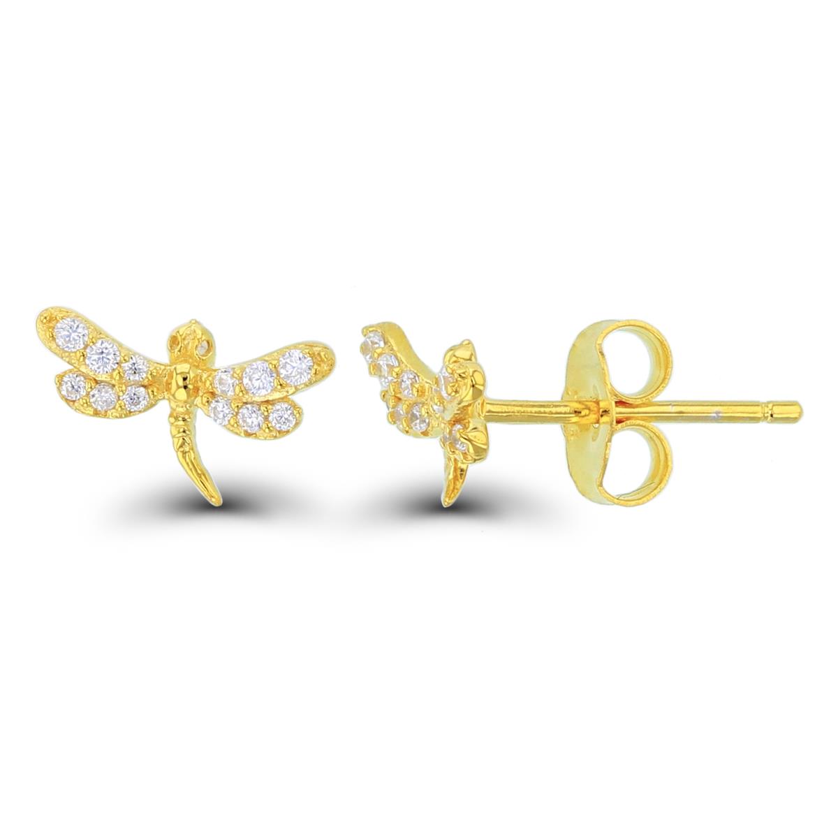 Sterling Silver+1Micron Yellow Gold Rnd White CZ Dragonfly Studs