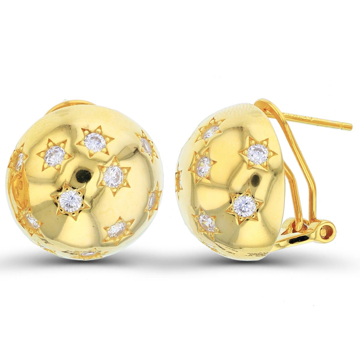 Sterling Silver+1Micron Yellow Gold Rnd White CZ Textured Stars  Dome Circle Stud Earrings