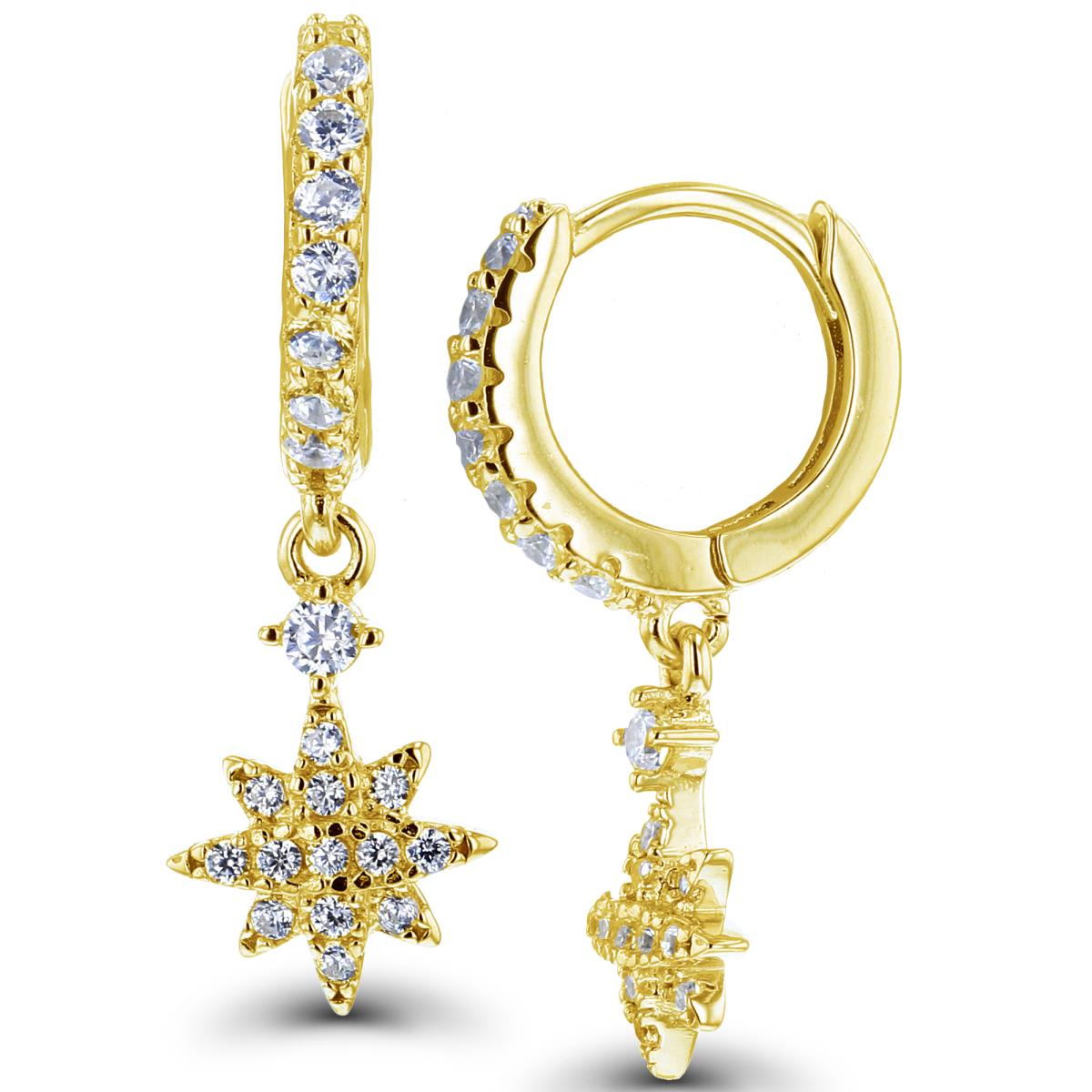 Sterling Silver+1Micron Yellow Gold Rnd White CZ Star Dangling on 10x1.7mm Huggie Earrings