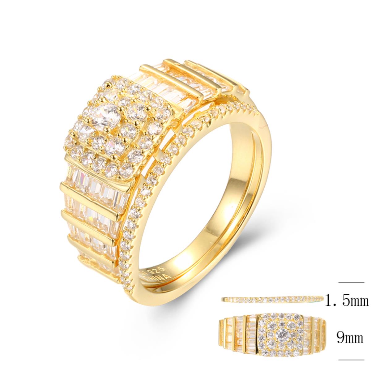 Sterling Silver+1Micron Yellow Gold Rnd / SB / TB CZ Multirow Cluster Ring and Band 2-pcs Set