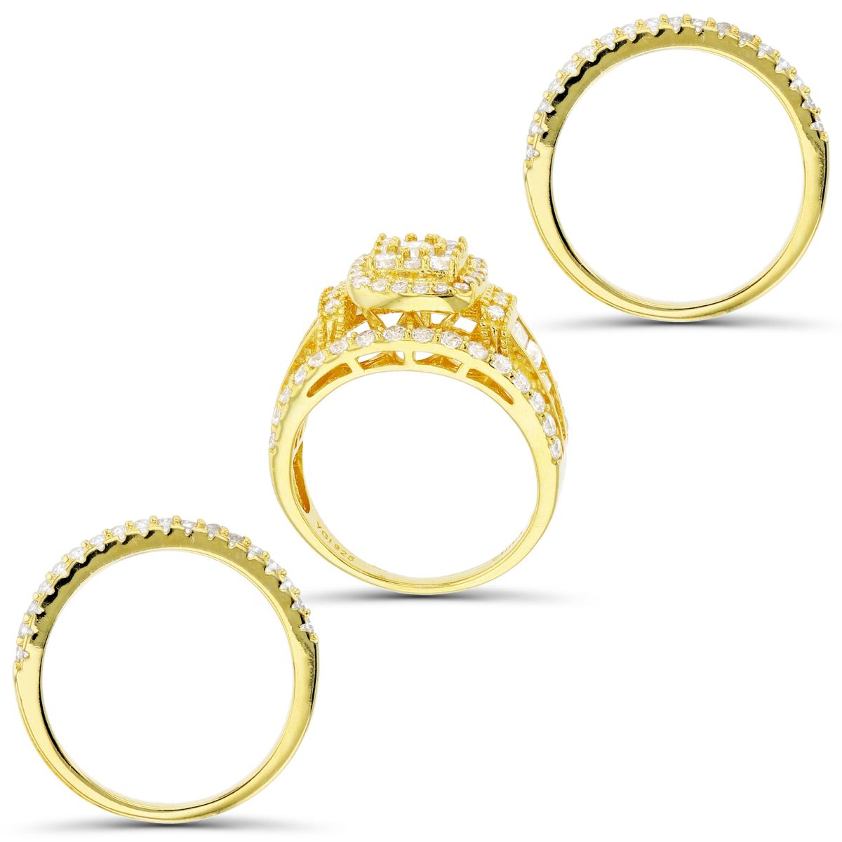 Sterling Silver+1Micron Yellow Gold SB & Rnd White CZ Fashion Ring with Bands 3-pcs Set