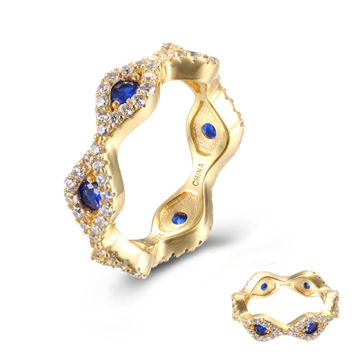 Sterling Silver+1M Yellow Gold Rnd #113 Blue Spinel & White CZ Evil Eye Clusters 6mm Eternity Band