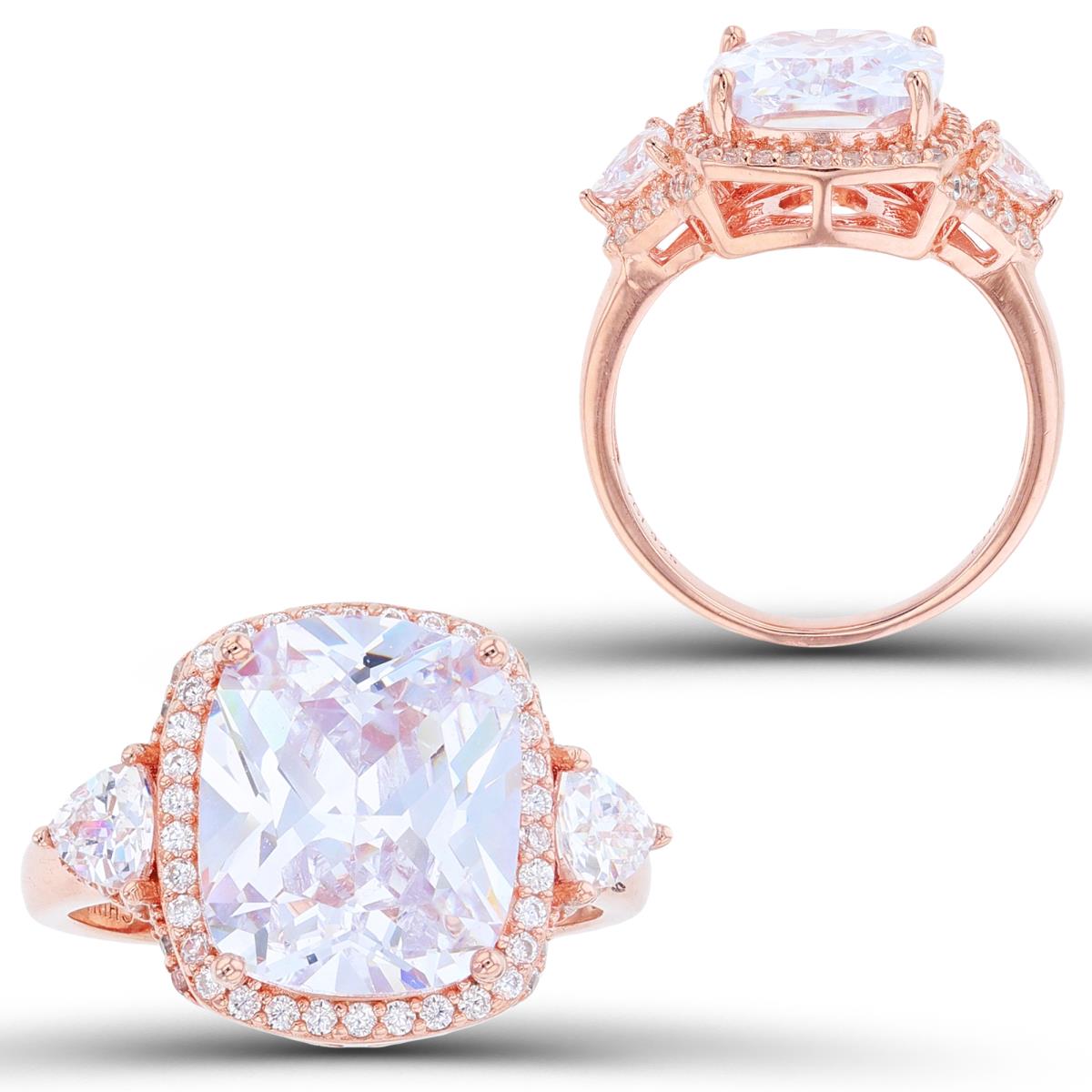 Sterling Silver+1Micron Rose Gold 12x10mm Cush White Radiant CZ Center & 4mm Trill on Sides / Rnd White CZ Halo Ring