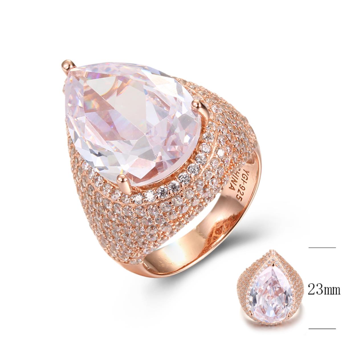 Sterling Silver+1Micron Rose Gold 18x13mm PS White CZ Center & Rnd White CZ Micropave Dome Puffy PS-Ring