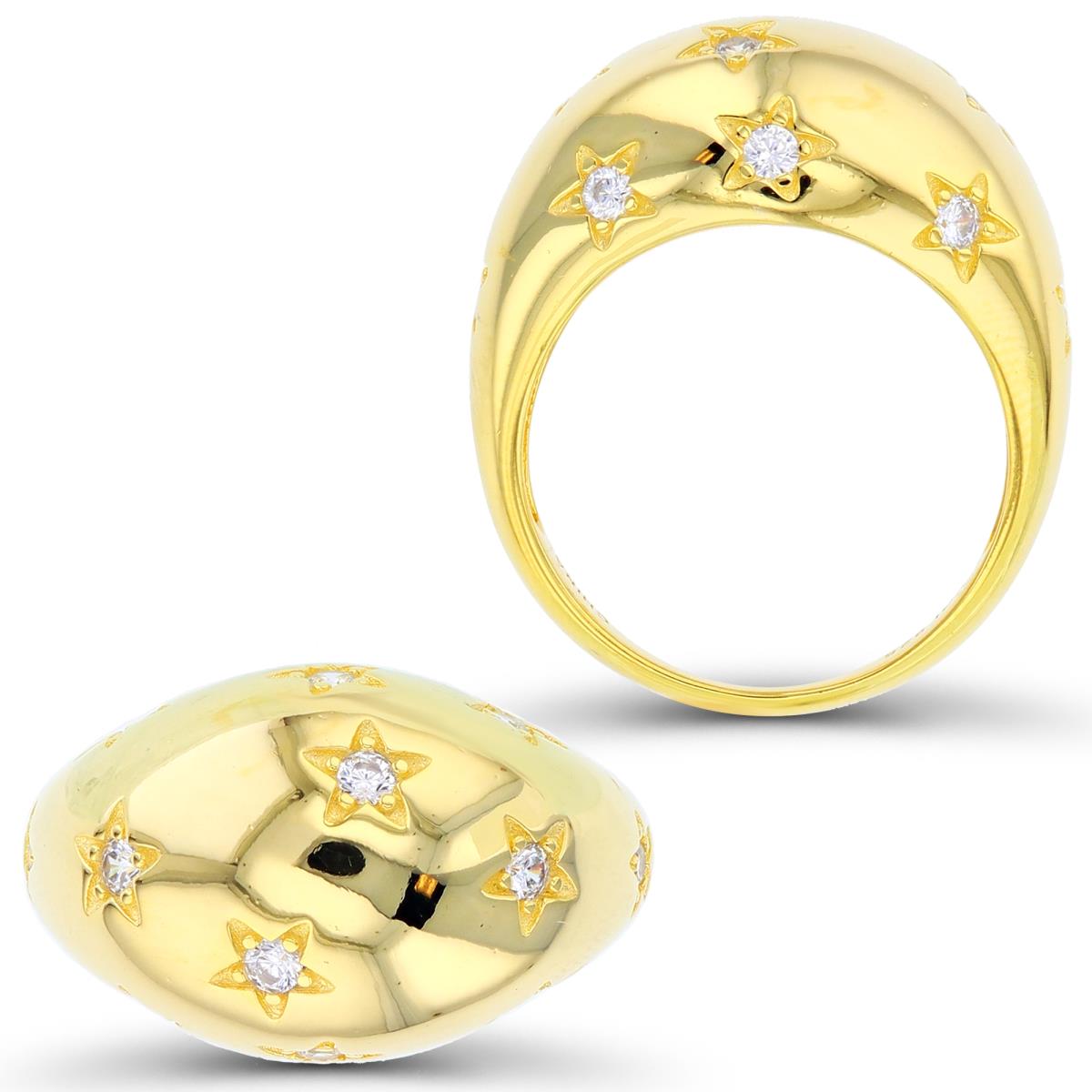 Sterling Silver+1Micron Yellow Gold 2mm Rnd White CZ Textured Stas on High Polish Dome Ring