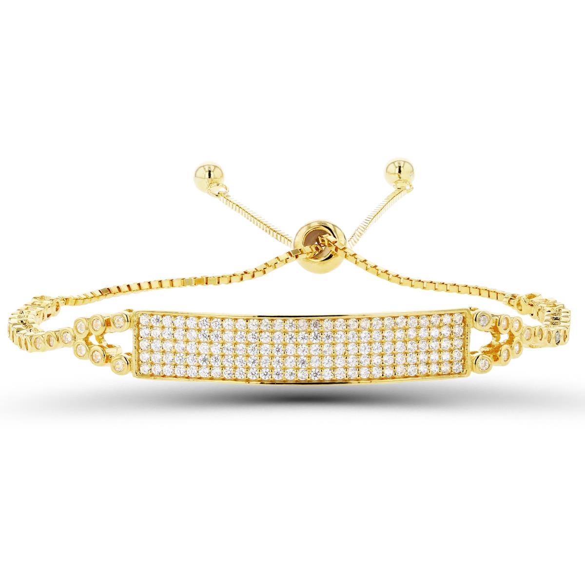 Sterling Silver+1Micron Yellow Gold Rnd White CZ Micropave Bar Adjustable Bolo Bracelet