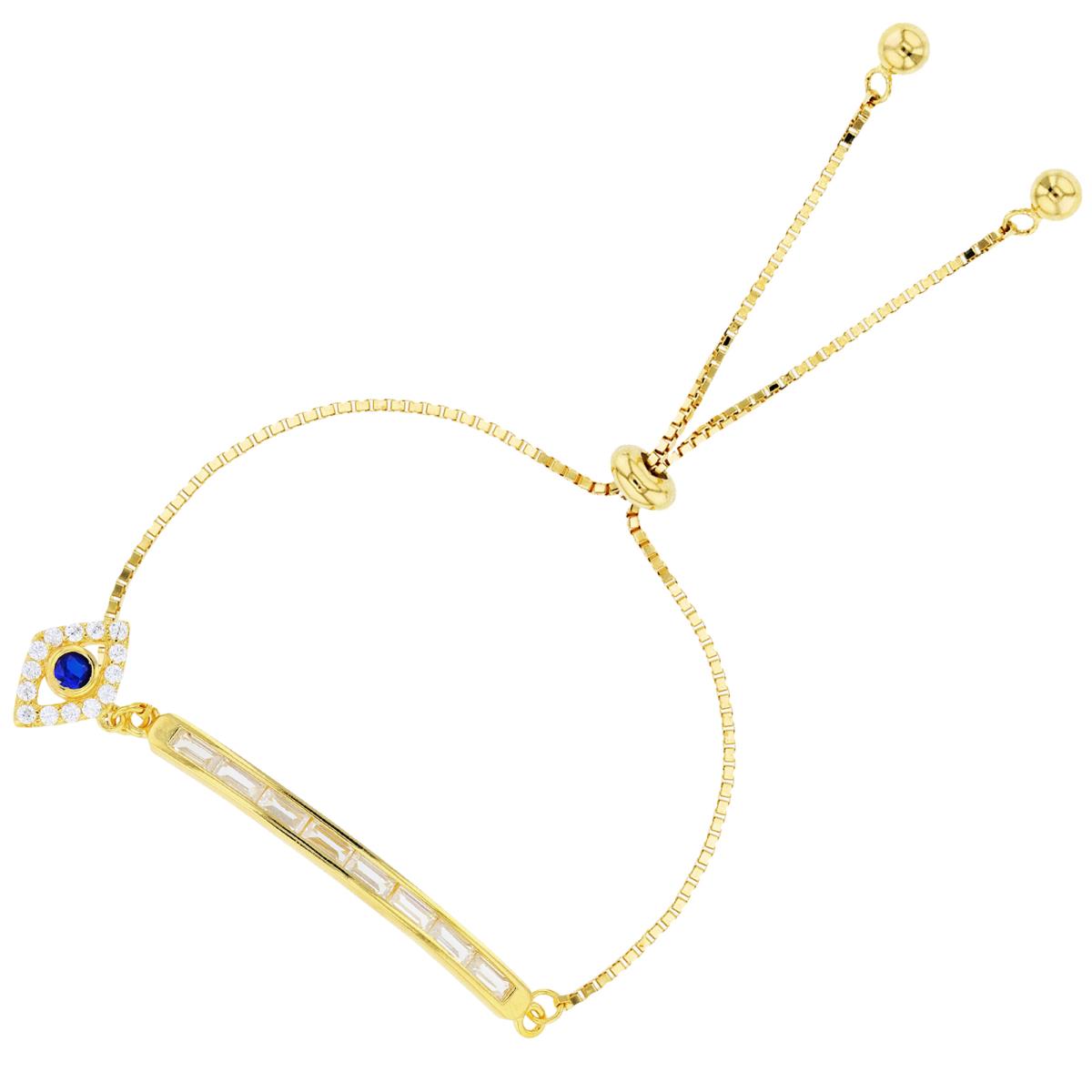Sterling Silver+1Micron Yellow Gold Bezel 3mm Rnd #113 Blue Spinel & Rnd/SB White CZ Dangling Evil Eye on Bar Adjustable Bolo Bracelet