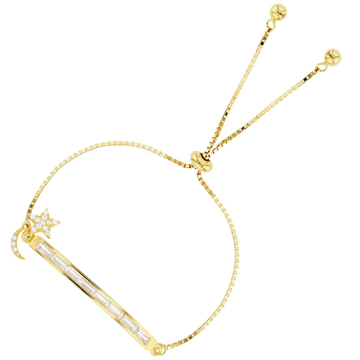 Sterling Silver+1Micron Yellow Gold Rnd & SB White CZ Dangling Star on Channel Bar Adjustable Bolo Bracelet