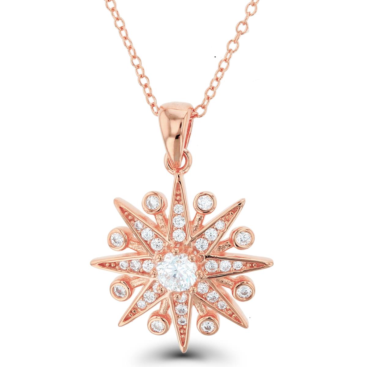 Sterling Silver+1Micron Rose Gold Rnd White CZ Star 16+2"Necklace