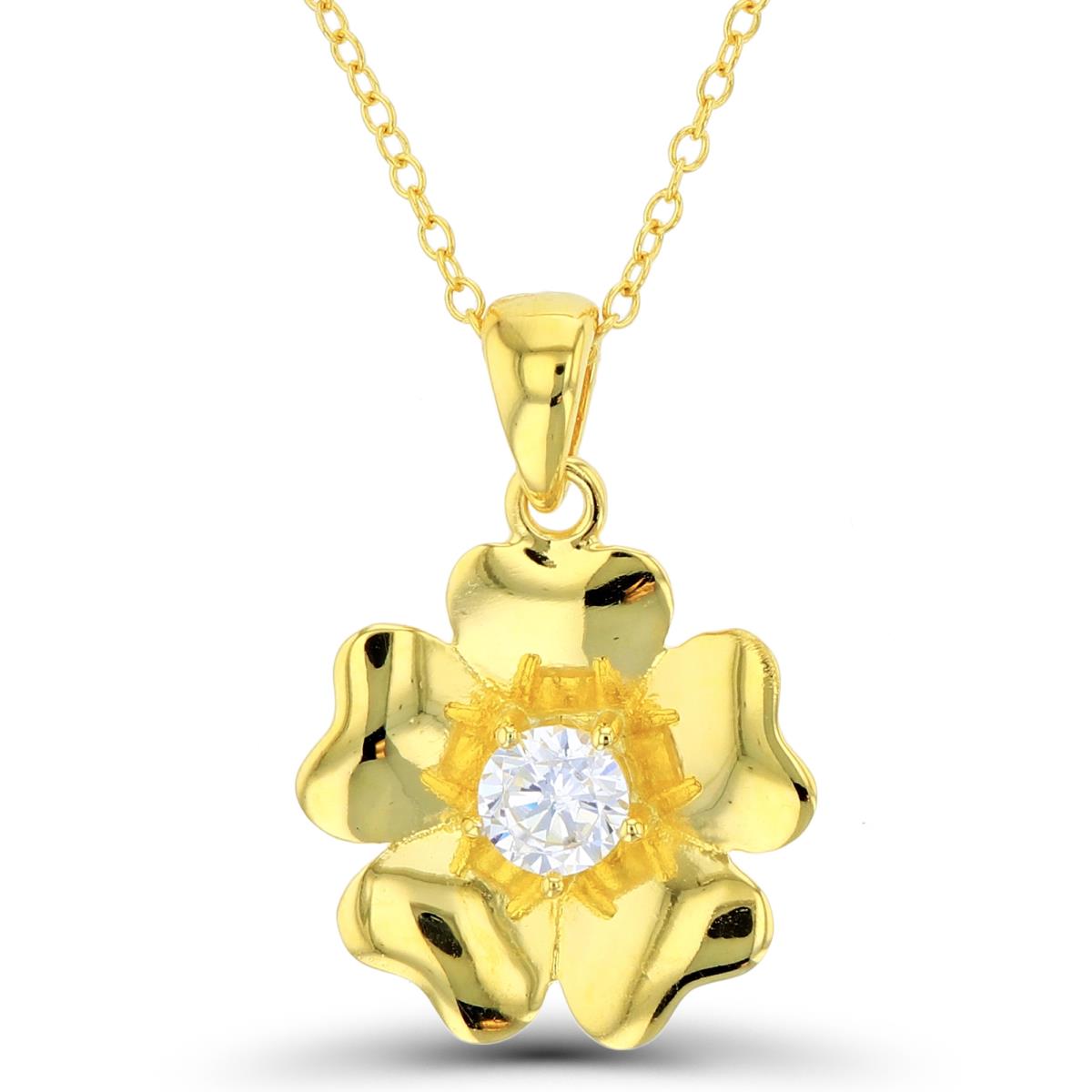 Sterling Silver+1Micron Yellow Gold 4.5mm Rnd White CZ High Polish Flower 16+2"Necklace