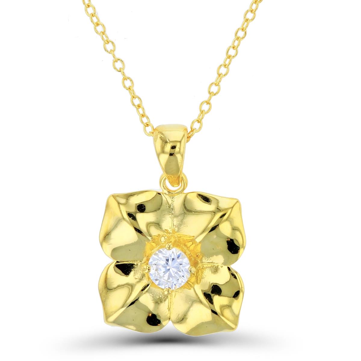 Sterling Silver+1Micron Yellow Gold 4.25mm Rnd White CZ High Polish DC Flower 16+2"Necklace