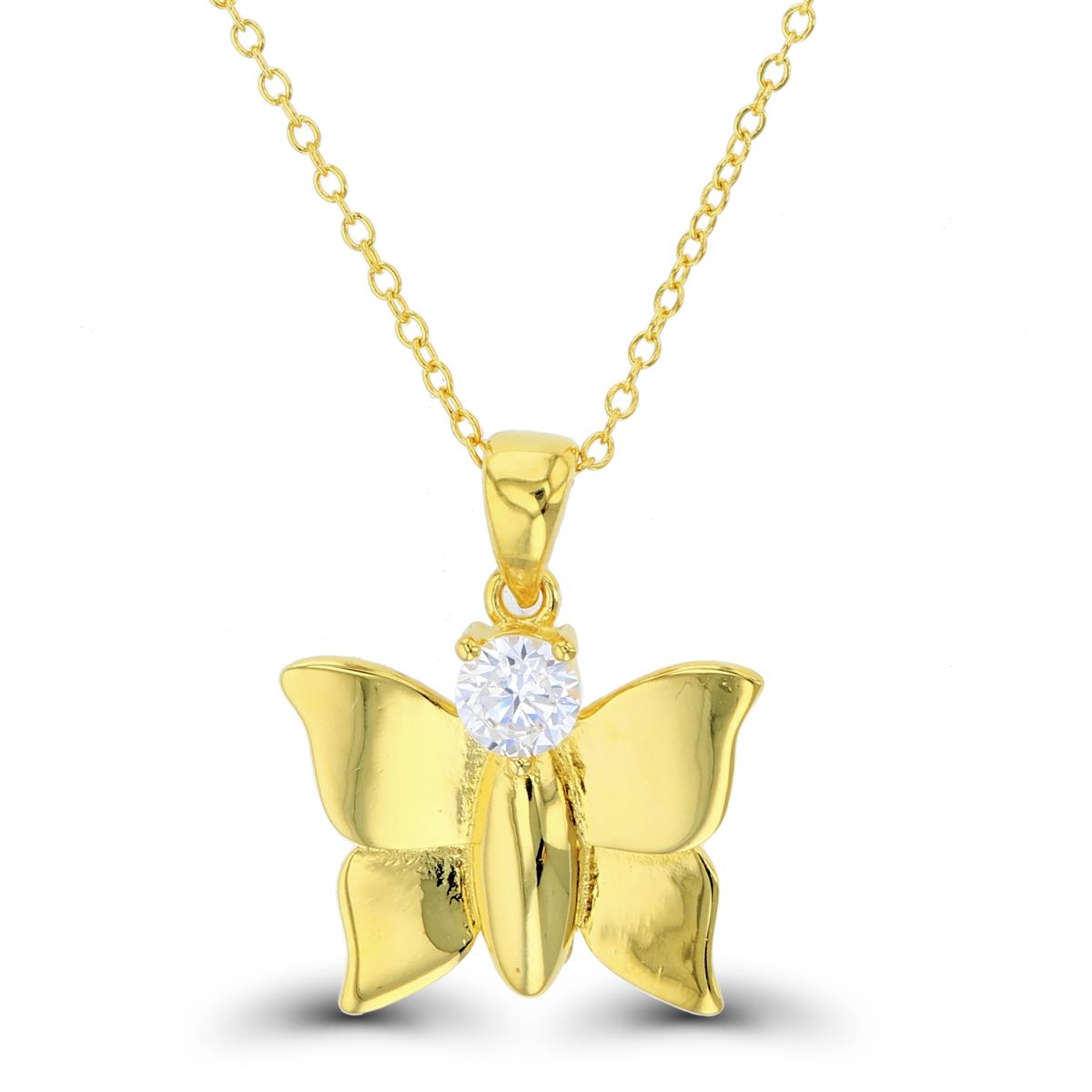 Sterling Silver+1Micron Yellow Gold 4.5mm Rnd White CZ High Polish Butterfly 16+2"Necklace