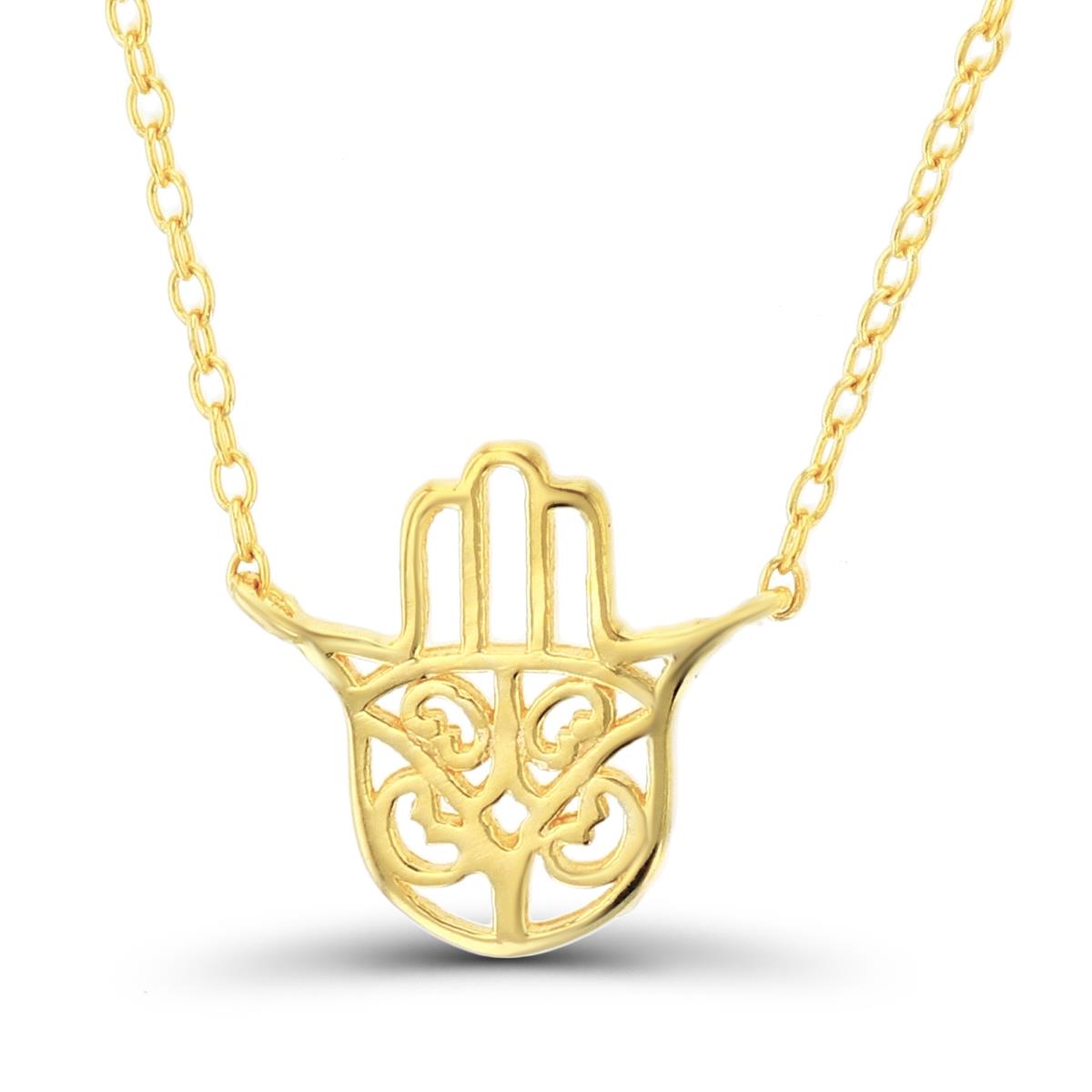 Sterling Silver+1Micron Yellow Gold High Polish Ornament Hamsa 16+2"Necklace