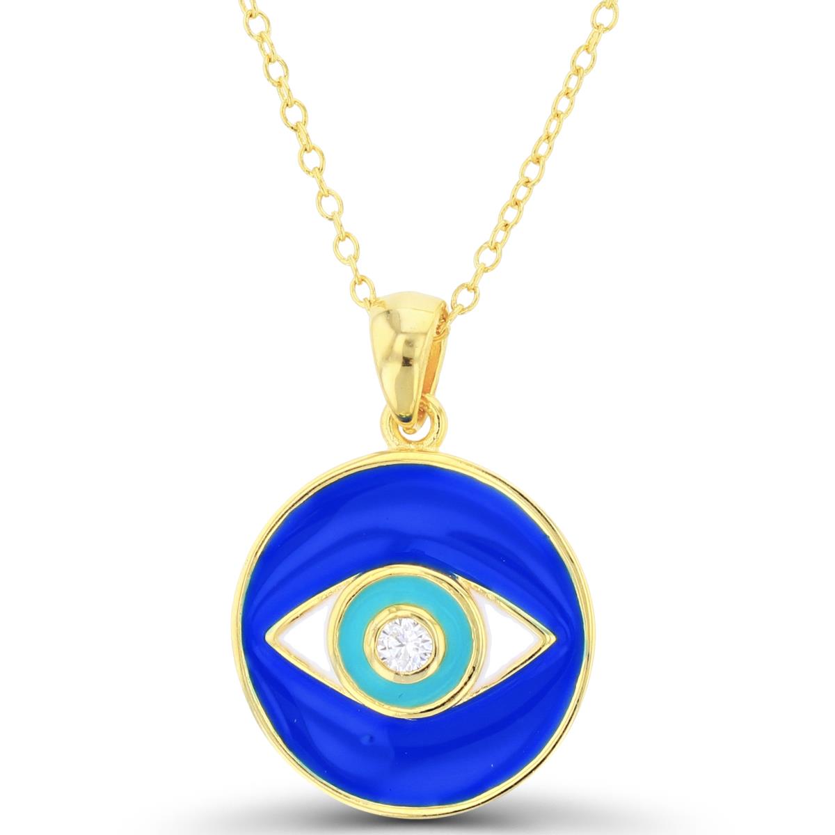 Sterling Silver+1Micron Yellow Gold Bezel Rnd White CZ /Enamel 23x16mm Evil Eye on D-Blue Enamel Circle 16+2"Necklace