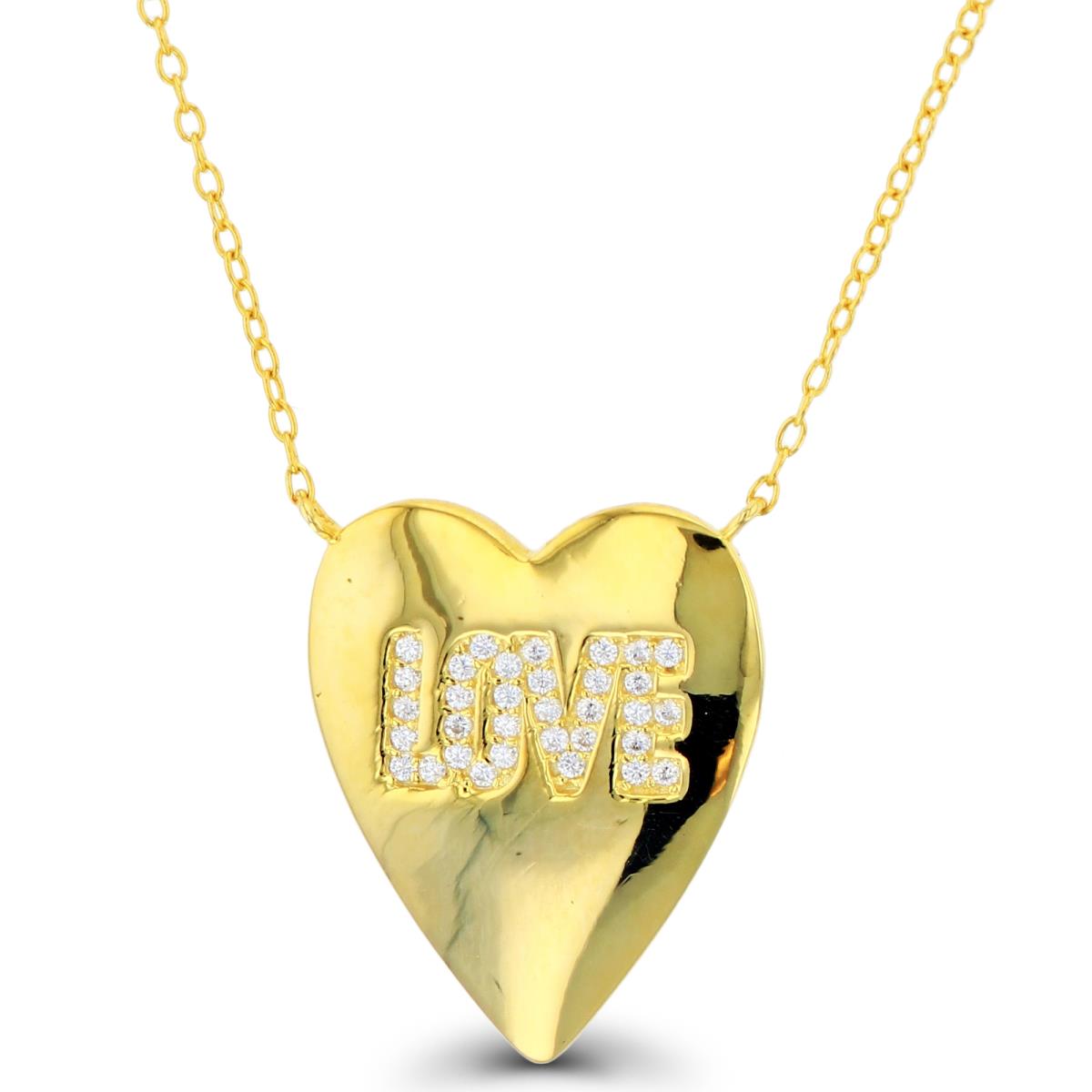 Sterling Silver+1Micron Yellow Gold Rnd White CZ "LOVE" Dome Heart 16+2"Necklace