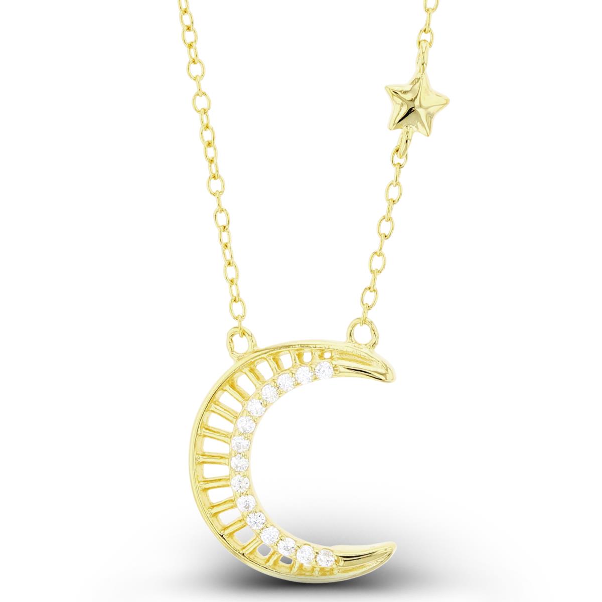 Sterling Silver+1Micron Yellow Gold Rnd White CZ Textured Moon & High Polish Stars Station 16+2"Necklace