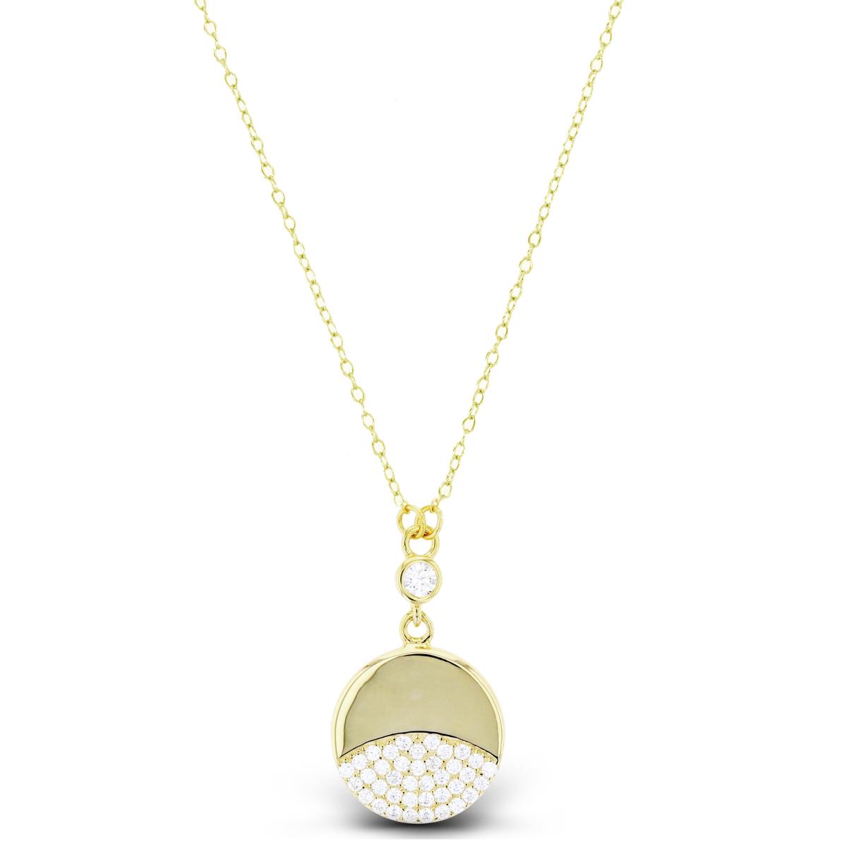 Sterling Silver+1Micron Yellow Gold Half High Polish & Half Micropave Rnd White CZ Circle 16+2"Necklace