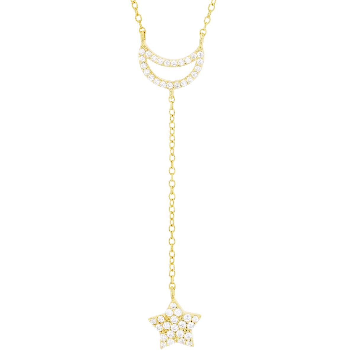 Sterling Silver+1Micron Yellow Gold Rnd White CZ Moon with Star Dangling on 1.5"Spool 16+2"Necklace