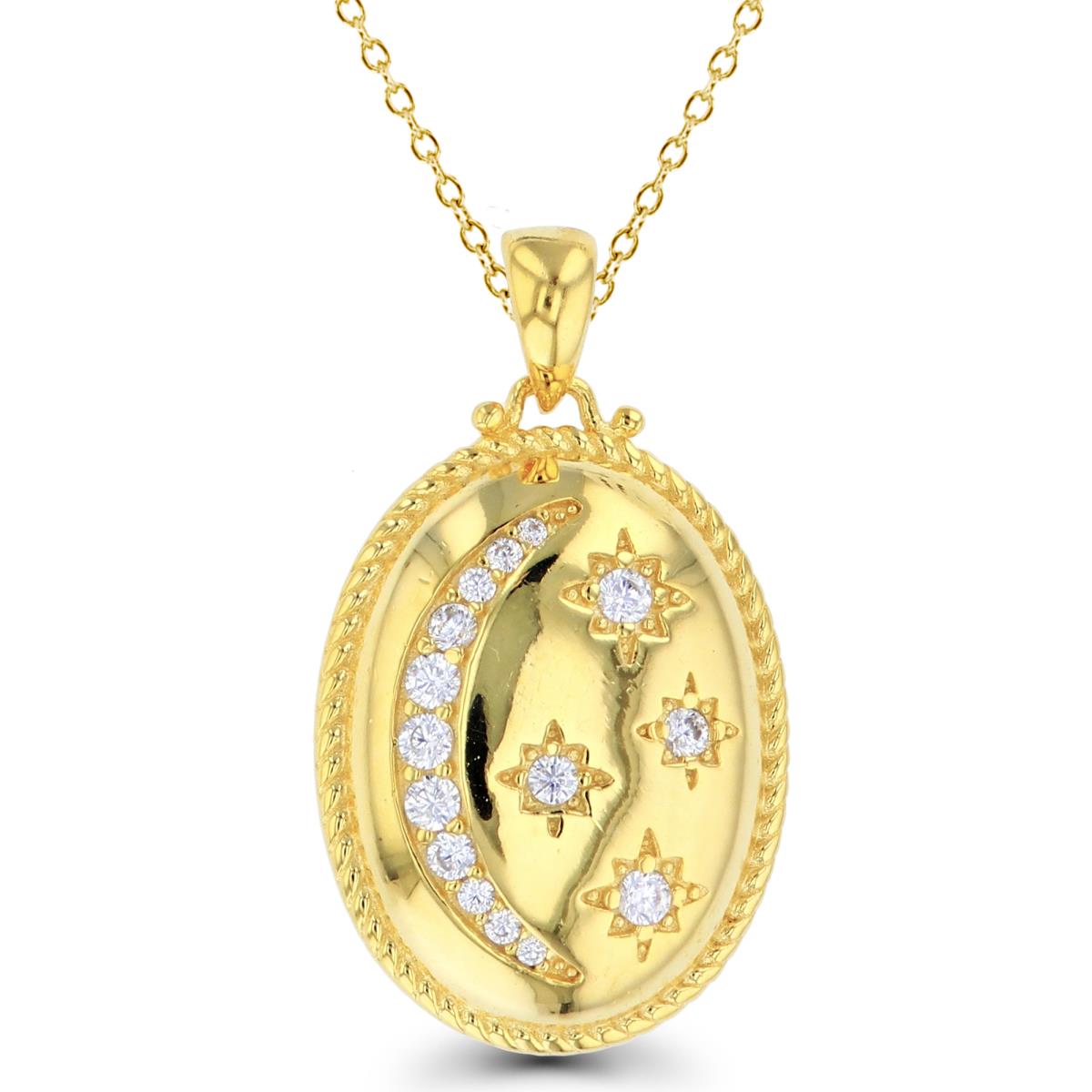 Sterling Silver+1Micron Yellow Gold Rnd White CZ Moon/Stars on High Polish & Textured Oval 18"Necklace