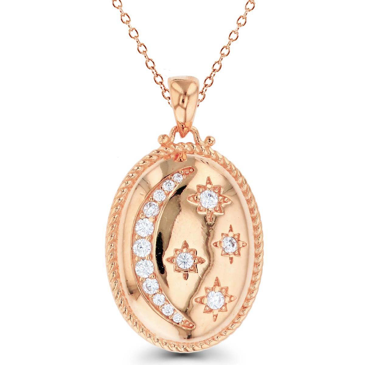 Sterling Silver+1Micron Rose Gold Rnd White CZ Moon/Stars on High Polish & Textured Oval 18"Necklace