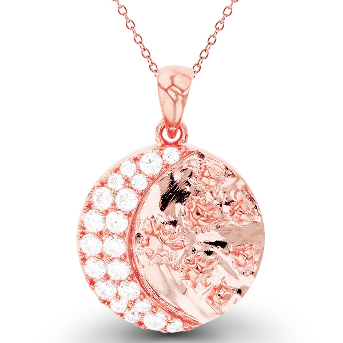 Sterling Silver+1Micron Rose Gold Rnd White CZ Moon & Textured Stars on High Polish Circle 18"Necklace