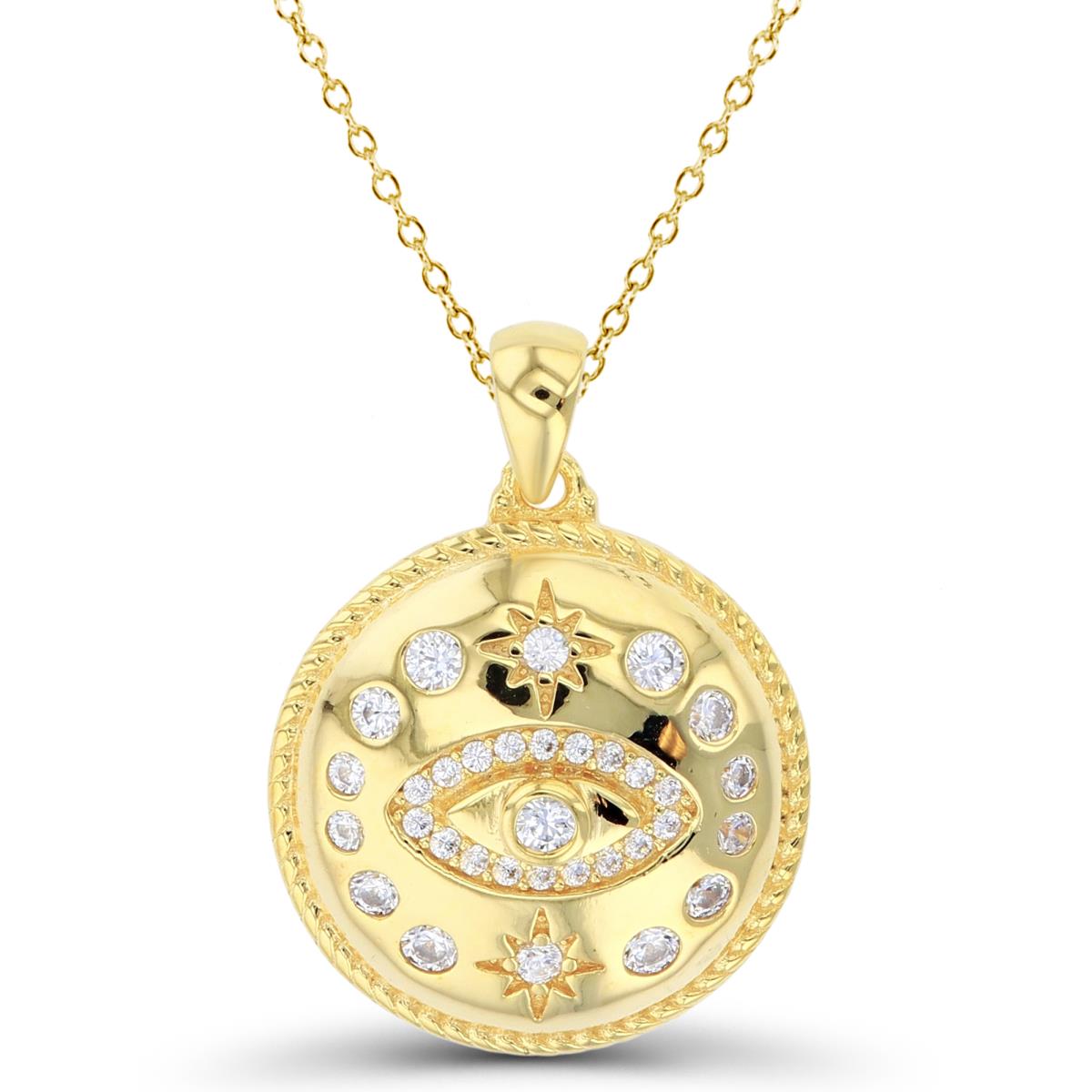 Sterling Silver+1Micron Yellow Gold Rnd White CZ Evil Eye & Textured Stars with Bezel Circles on High Polish Puffy Circle 18"Necklace