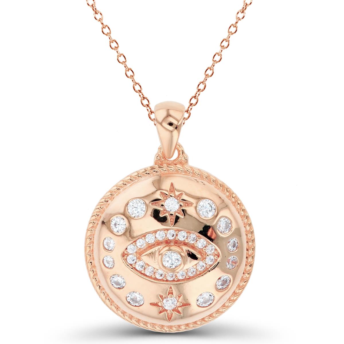 Sterling Silver+1Micron Rose Gold Rnd White CZ Evil Eye & Textured Stars with Bezel Circles on High Polish Puffy Circle 18"Necklace