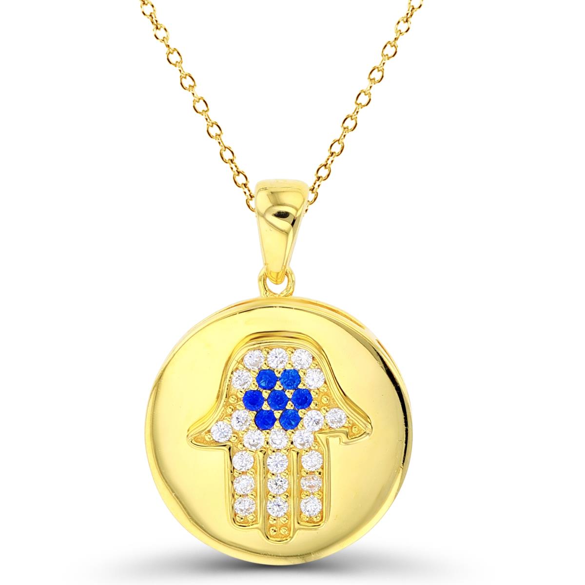 Sterling Silver+1Micron Yellow Gold Pave Rnd #113 Blue Spinel & White CZ Hamsa on High Polish Circle 18"Necklace