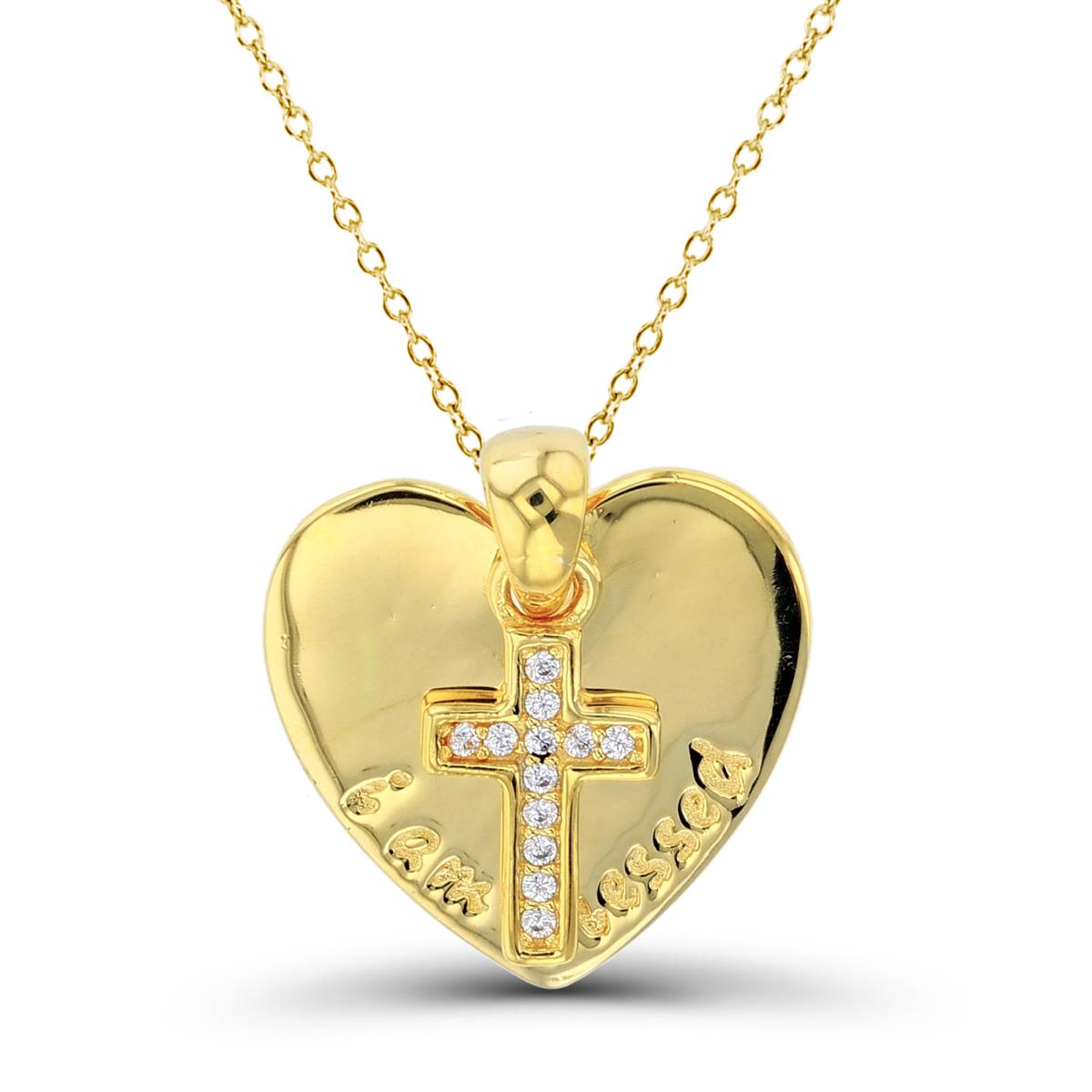 Sterling Silver+1Micron Yellow Gold Rnd White CZ Cross & "I am blessed"High Polish Heart 18"Necklace