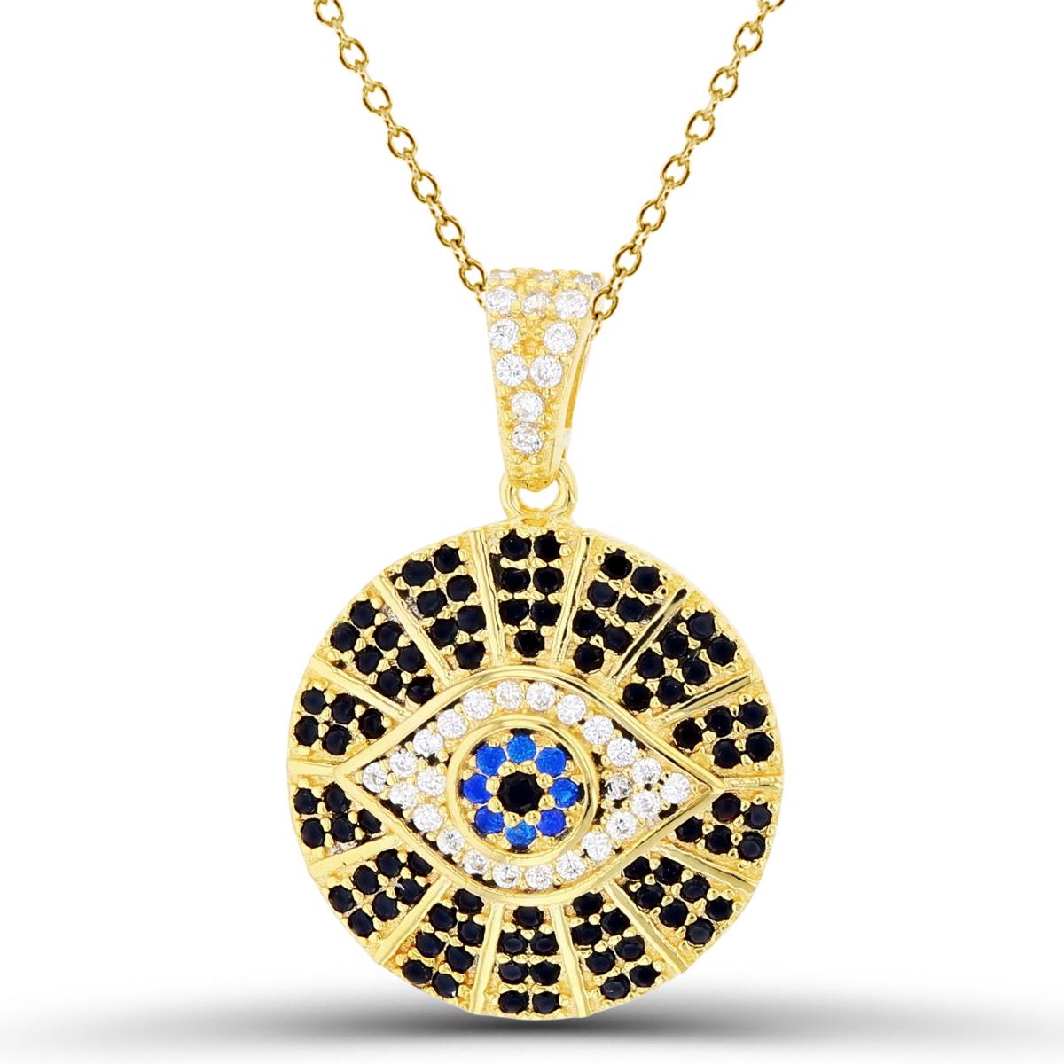 Sterling Silver+1Micron Yellow Gold Rnd #113 Blue Spinel & Rnd White /Black CZ Evil Eye in Circle 18"Necklace
