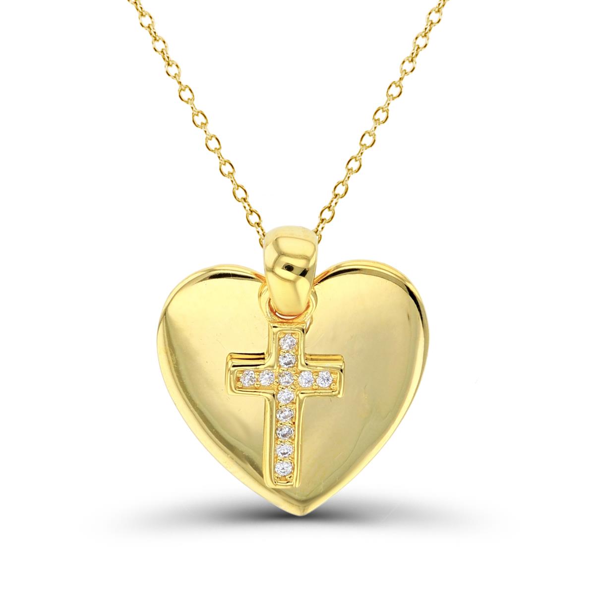 Sterling Silver+1Micron Yellow Gold Rnd White CZ Cross & High Polish Heart 18"Necklace