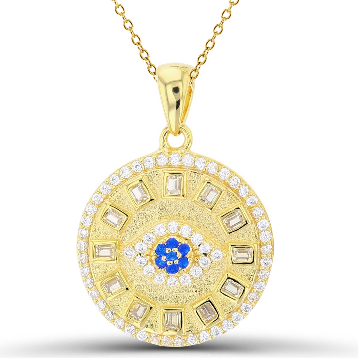 Sterling Silver+1Micron Yellow Gold Rnd #113 BLue Spinel & SB/Rnd White CZ Evil Eye in Polish/Satin Circle 18"Necklace