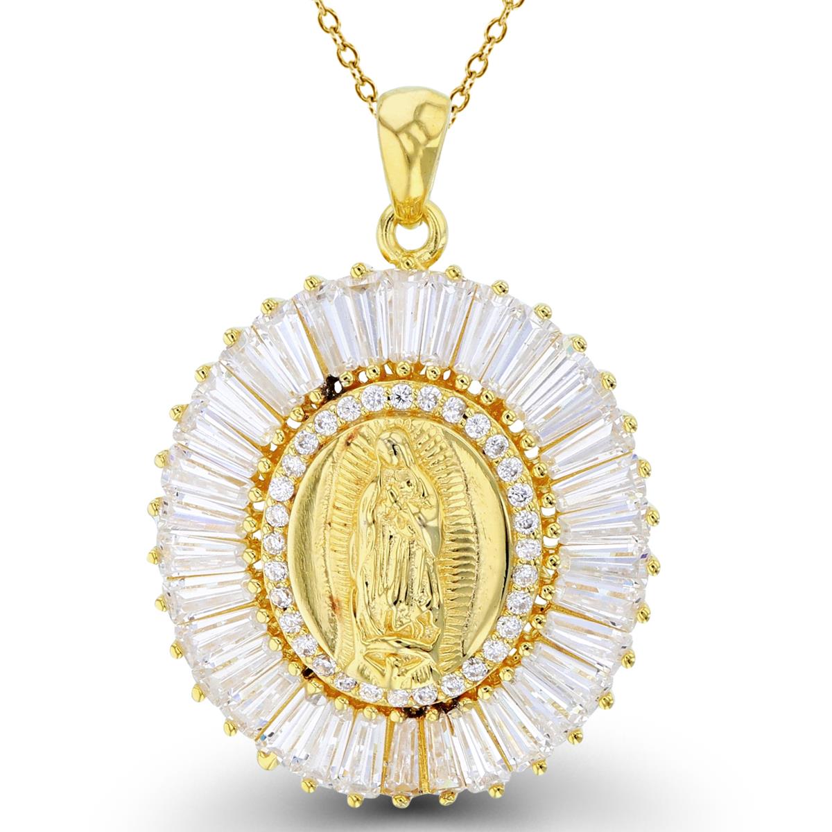 Sterling Silver+1Micron Yellow Gold Rnd & TB White CZ Polish & Textured Vergin Mary Oval 18"Necklace