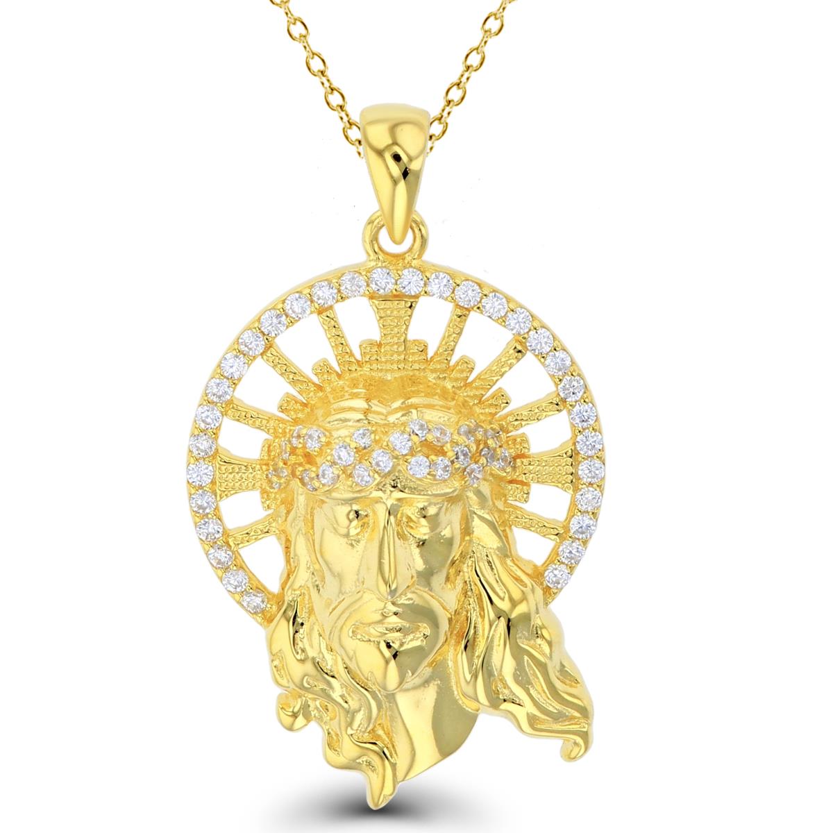 Sterling Silver+1Micron Yellow Gold Rnd White CZ Textured Jesus Head 18"Necklace