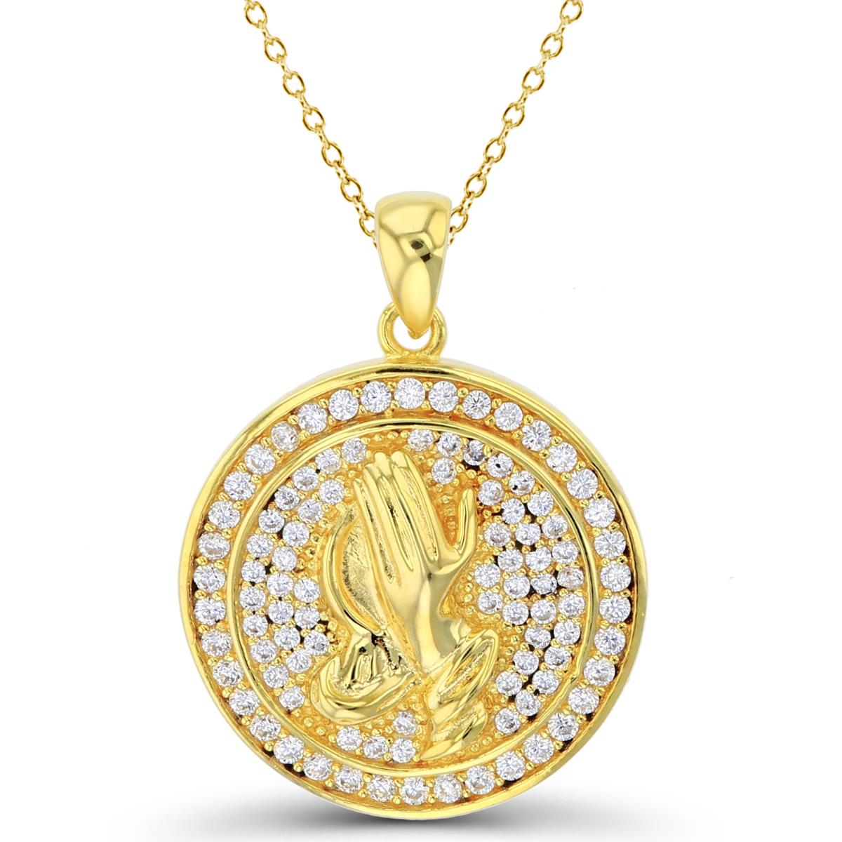 Sterling Silver+1Micron Yellow Gold High Polish Praying Hands on Rnd White CZ Pave Circle 18"Necklace
