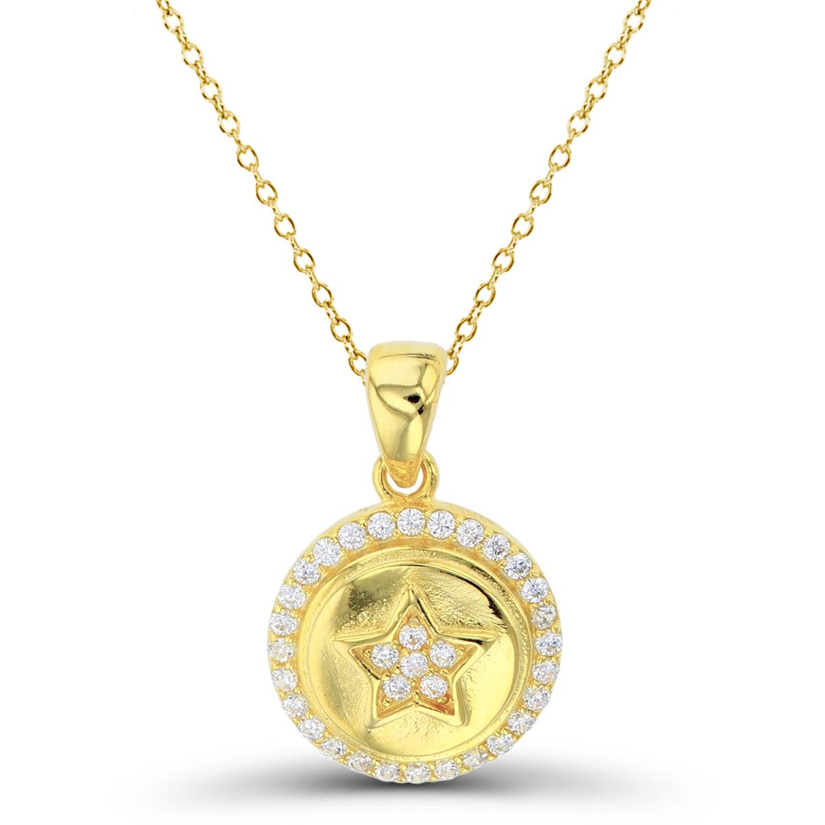 Sterling Silver+1Micron Yellow Gold Rnd White CZ Star on High Polish Puffy Circle 18"Necklace