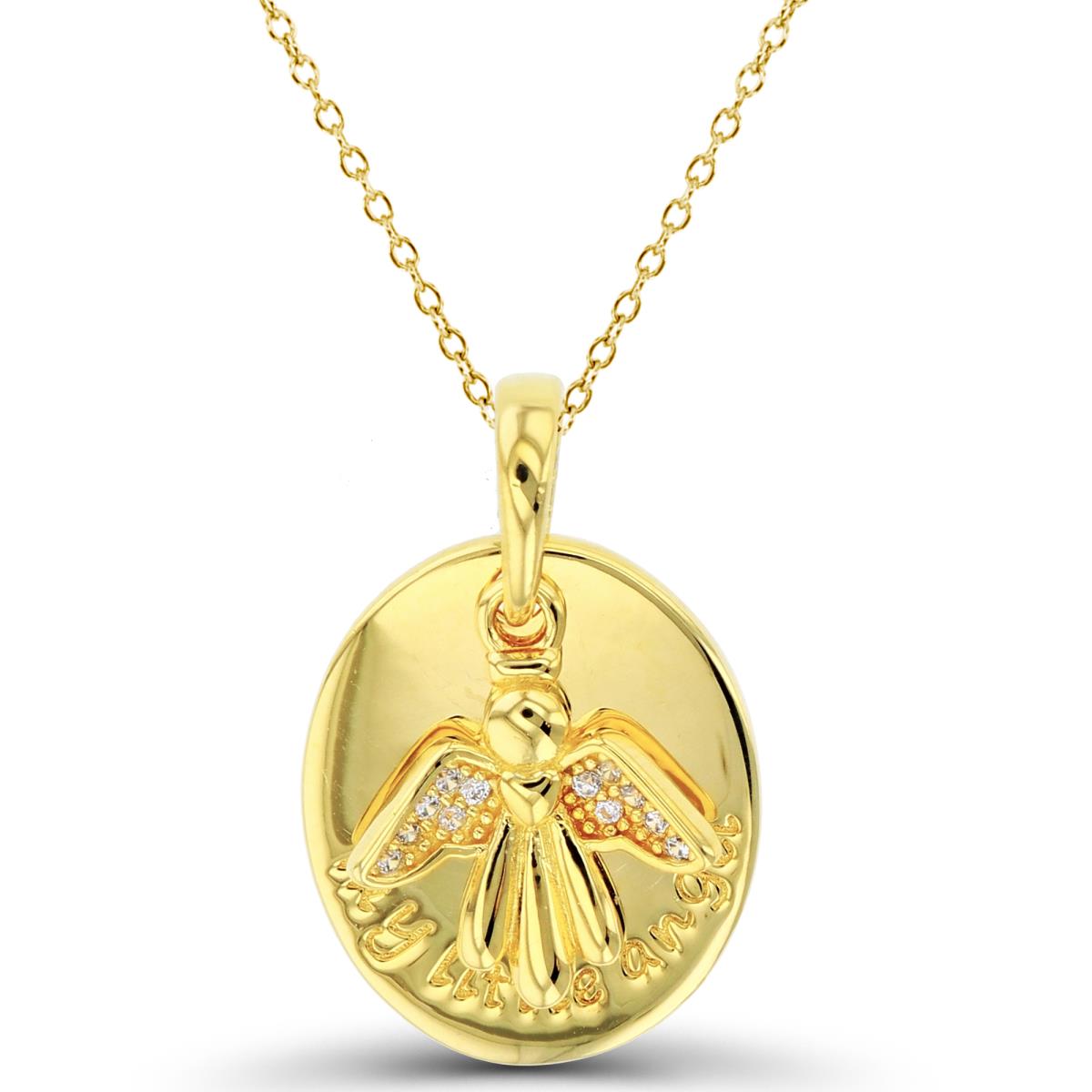 Sterling Silver+1Micron Yellow Gold High Polish Engraved Oval with DanglingTextured Rnd White CZ Angel 18"Necklace