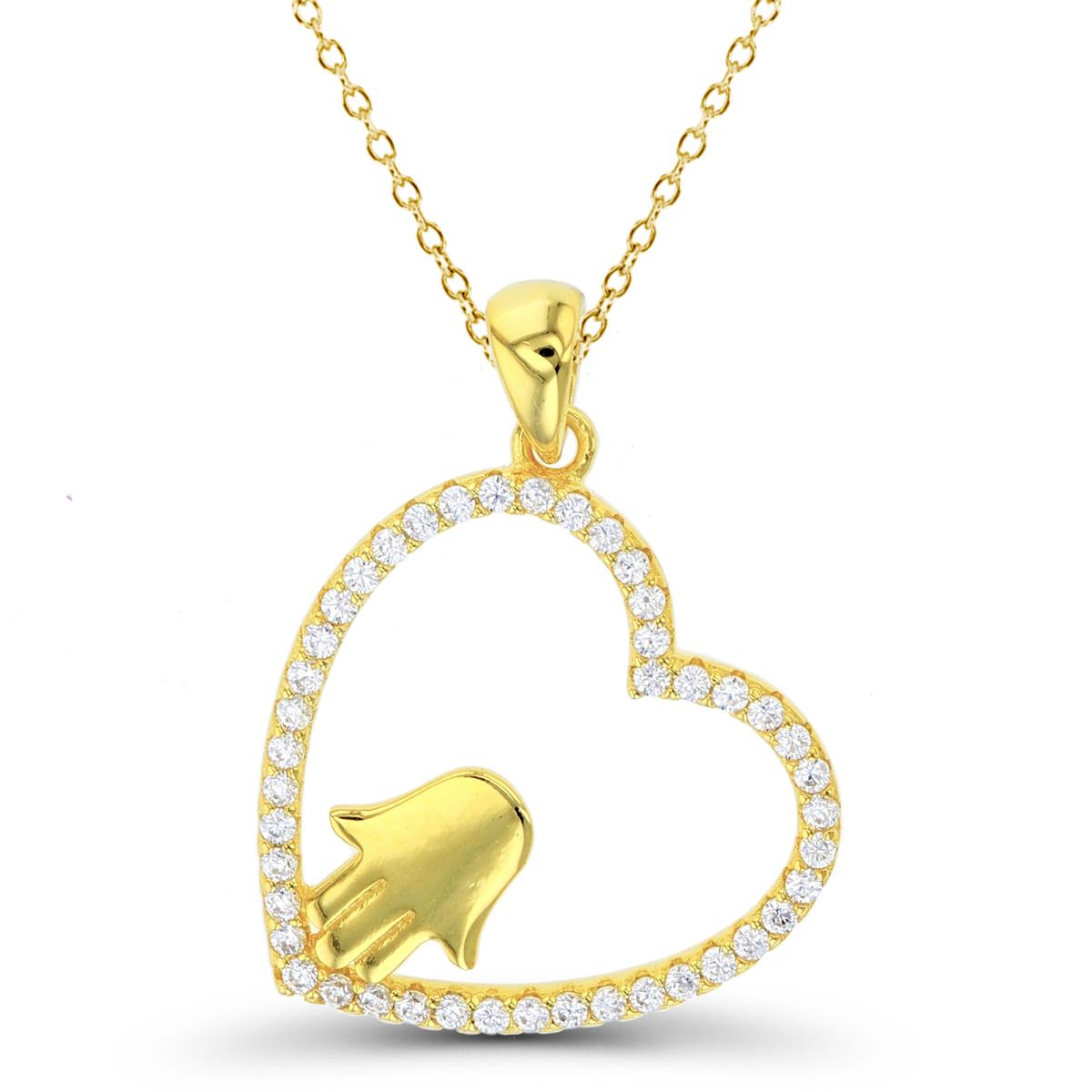 Sterling Silver+1Micron Yellow Gold High Polish Hamsa in White CZ Open Heart 18"Necklace