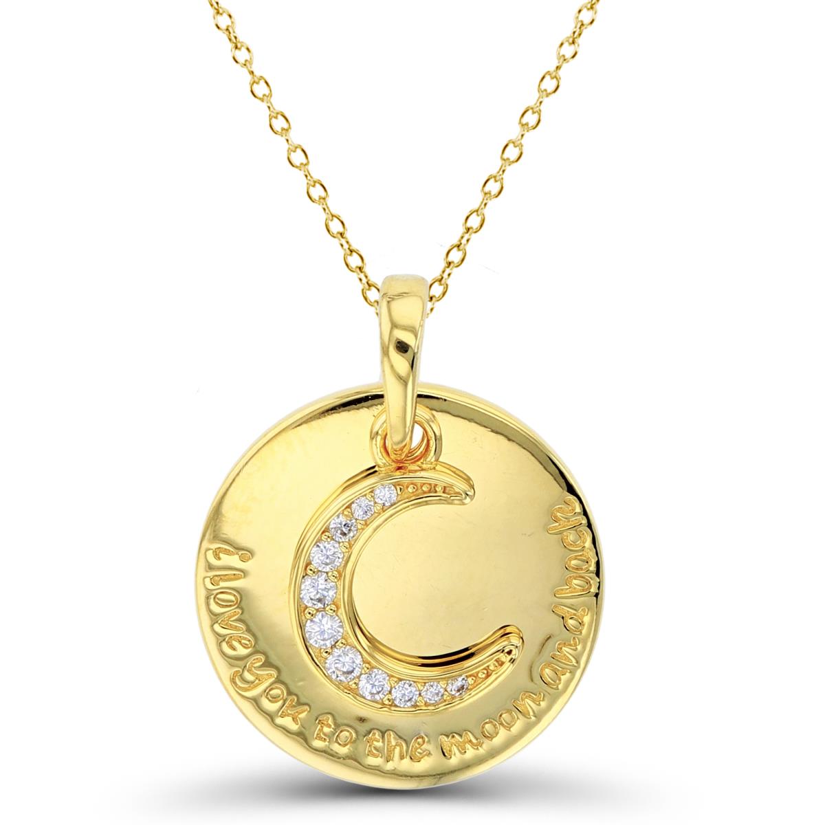 Sterling Silver+1Micron Yellow Gold Rnd White CZ Moon &"I Love You To The Moon"High Polish Engraved Circle 18"Necklace