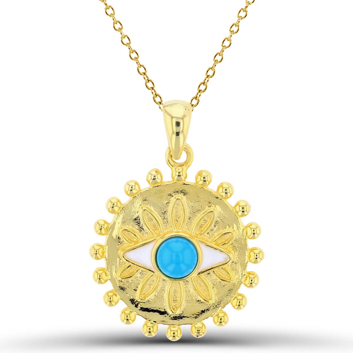 Sterling Silver+1Micron Yellow Gold 4mm Rnd Nano Turquoise/White Enamel Evil Eye on Textured Circle 18"Necklace